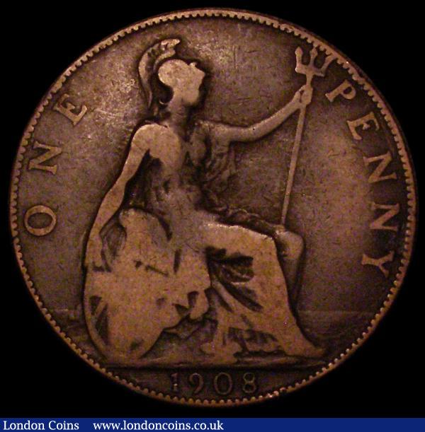 Penny 1908 Freeman 164A dies 1*+C, Obverse: I of BRITT points to a rim tooth, Reverse: E of PENNY tilted clockwise, VG with all major details bold and clear, Very rare in all grades : English Coins : Auction 170 : Lot 1947