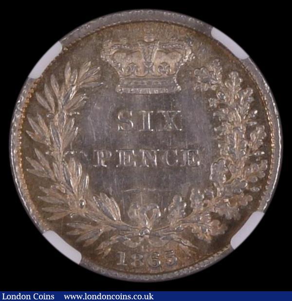 Sixpence 1865 ESC 1714, Bull 3212, Die Number 18, in an NGC holder and graded MS63 : English Coins : Auction 170 : Lot 2087