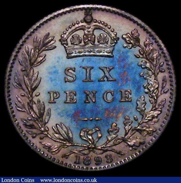 Sixpence 1893 Proof ESC 1763, Bull 3286, Davies 1181 dies 2A, First I of VICTORIA points to a rim tooth, nFDC with deep blue toning with touches of gold and magenta : English Coins : Auction 170 : Lot 2095