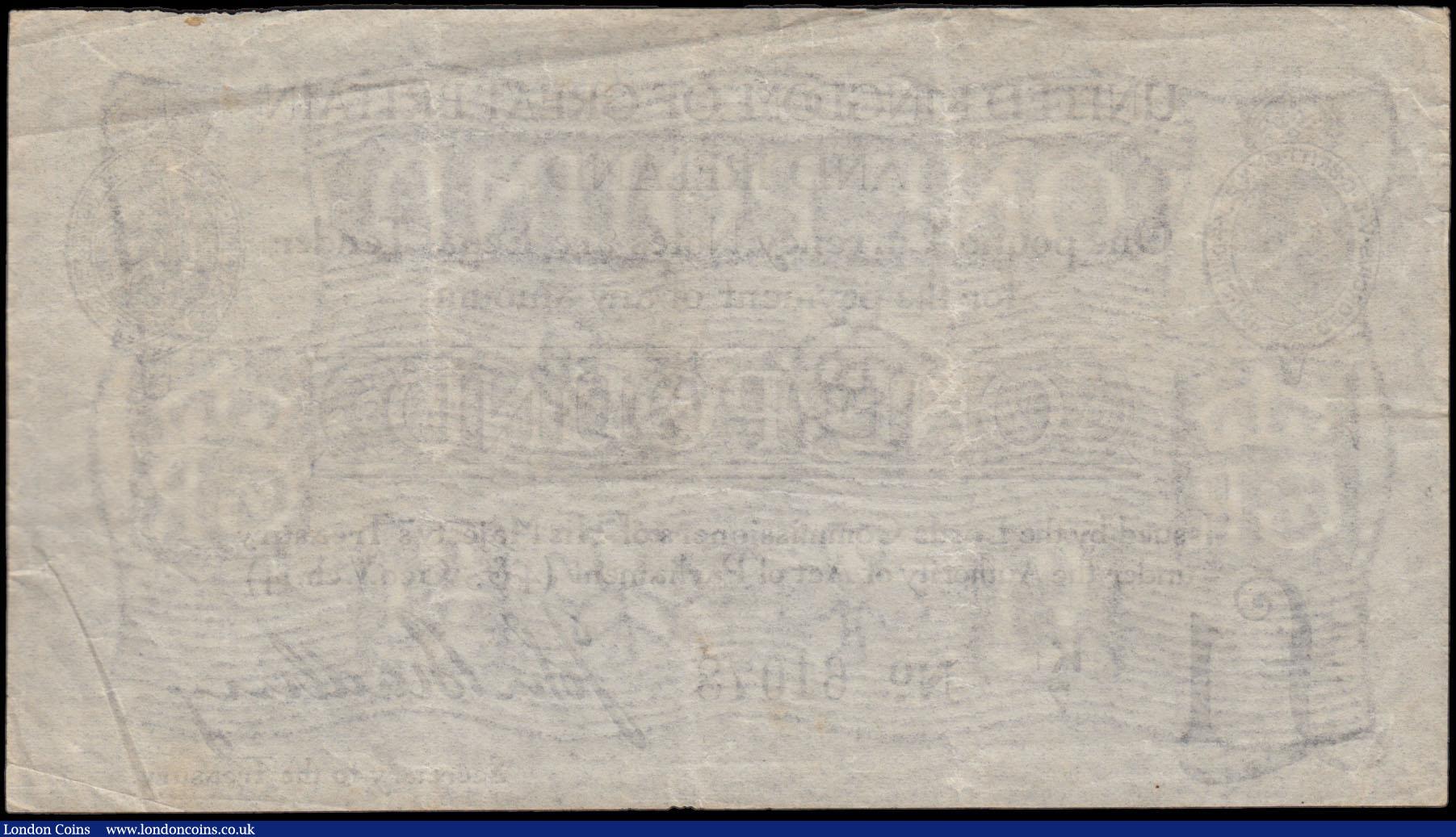 London Coins : A170 : Lot 21 : One Pound Bradbury Second issue T11.2 De La Rue black Five digit serial prefix letter & small nu...
