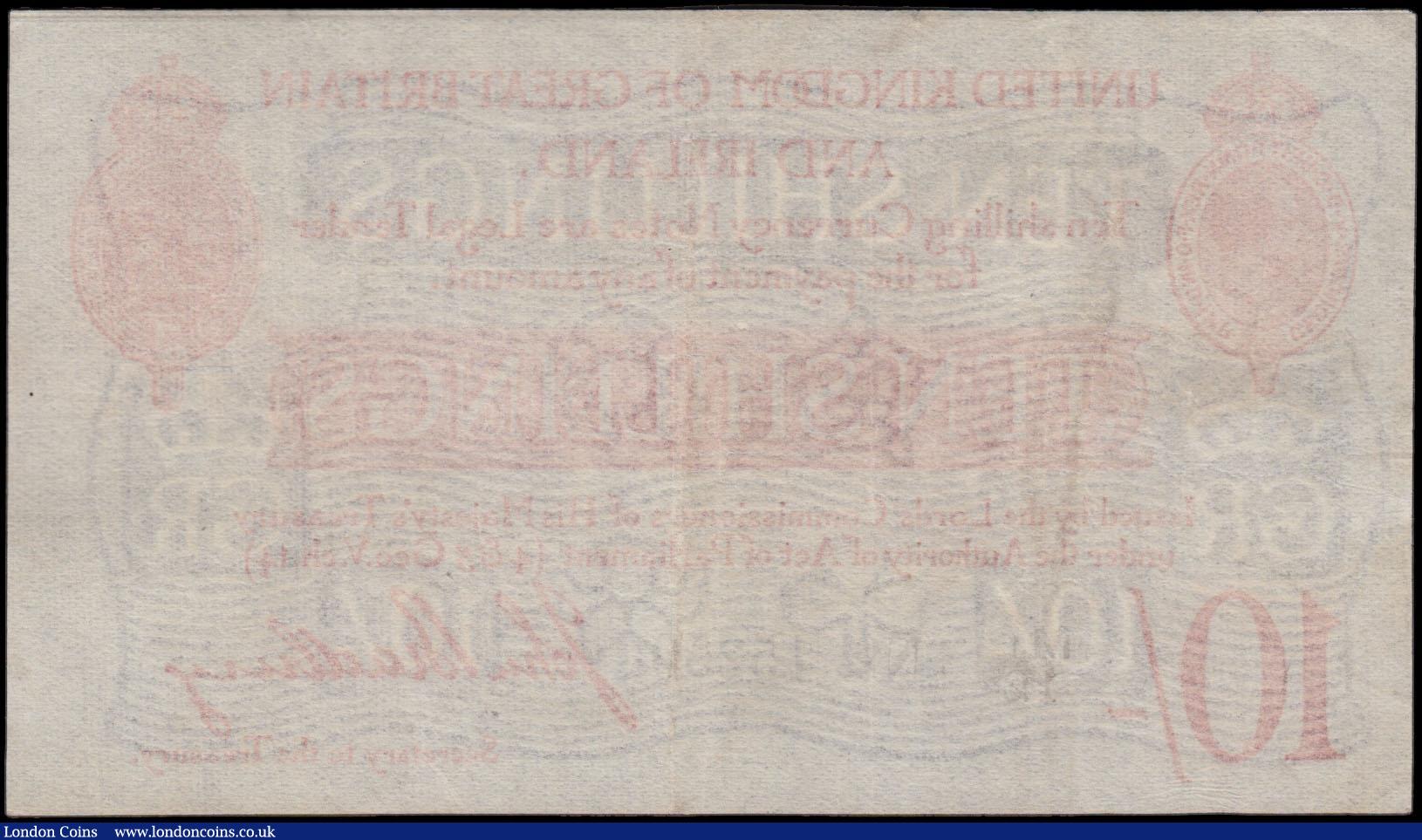 London Coins : A170 : Lot 23 : Ten Shillings Bradbury Second issue T12.2 De La Rue Red Five digit serial prefix Letter & small ...
