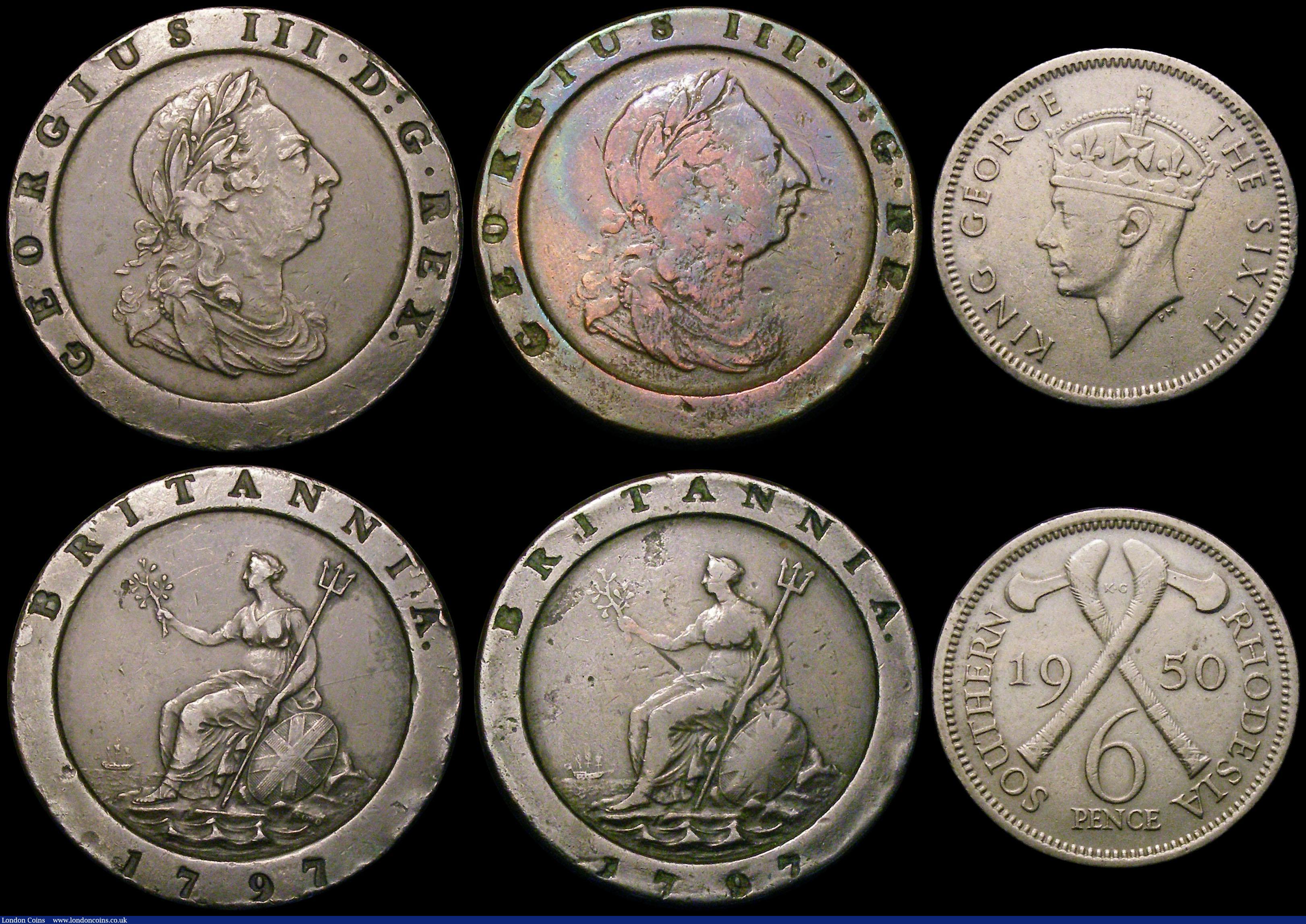 London Coins : A170 : Lot 2477 : Crown 1935 VF, 6d 1940 Fine, Cartwheel Twopence 1797 (2) VG and VF, Southern Rhodesia 6d 1950 VF, US...