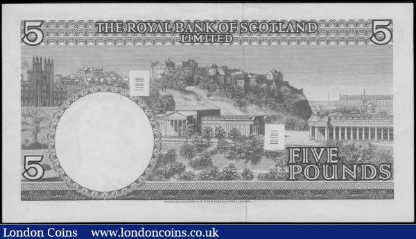 Scotland The Royal Bank of Scotland Limited 5 Pounds Pick 330 (BY SC816a; PMS RB70) a first date for this issue 19th March 1969 with 2 signatures A.P. Robertson & J.B.Burke serial number A/8 174606, EF - GEF and a collectible example. Blue on multicolour featuring a large Coat of Arms at left and an illustration of  Edinburgh Castle on reverse also incorporating barcode encodings. : World Banknotes : Auction 170 : Lot 249