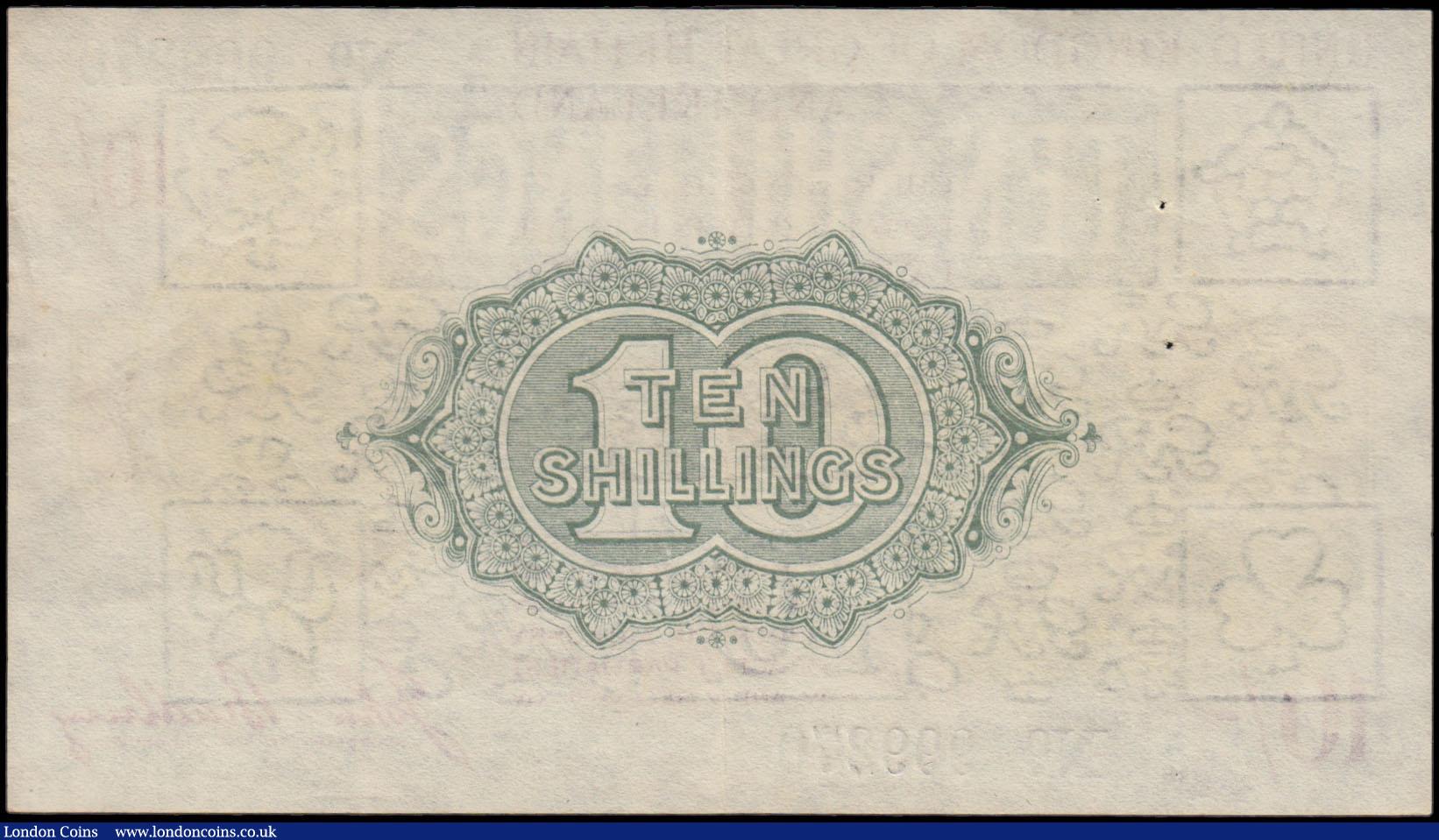 London Coins : A170 : Lot 25 : Ten Shillings Bradbury Third issue T17 Waterlow Bros & Layton photogravure print Brown, Purple a...