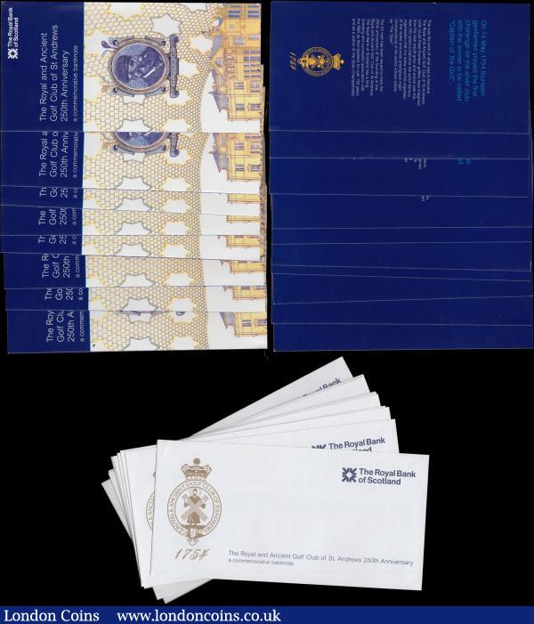 Scotland The Royal Bank of Scotland plc 5 Pounds (10) 250th Anniversary of St. Andrews's Royal & Ancient Golf Club Commemorative issues Pick 363 (BY SC845; PMS  RB99) dated 14th May 2004 signature Goodwin with special prefix and a fairly earlier consecutively numbered set serial numbers R&A 0008531 - R&A 0008540, all about UNC - UNC. The obverse of each note bears the Golden seal of the St. Andrews Gold Club to left and the reverses with illustration of a view of the original club house of St. Andrews and a portrait of "Old Tom Morris". All come with the original presentation wallets and envelopes  : World Banknotes : Auction 170 : Lot 251