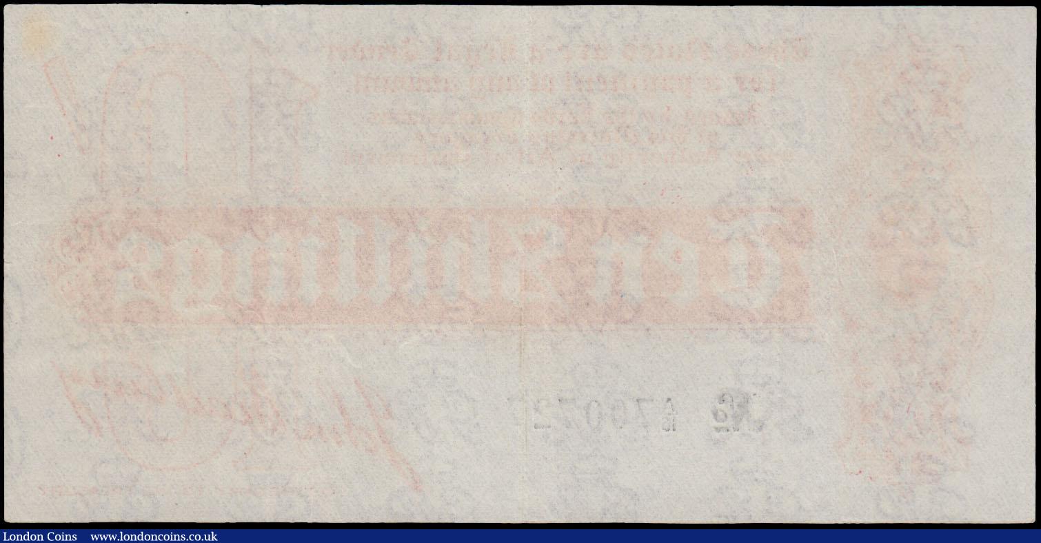 London Coins : A170 : Lot 32 : Ten Shillings Bradbury First Issue T9 Dash in ornate font No. Six digit serial De La Rue Red issue 1...