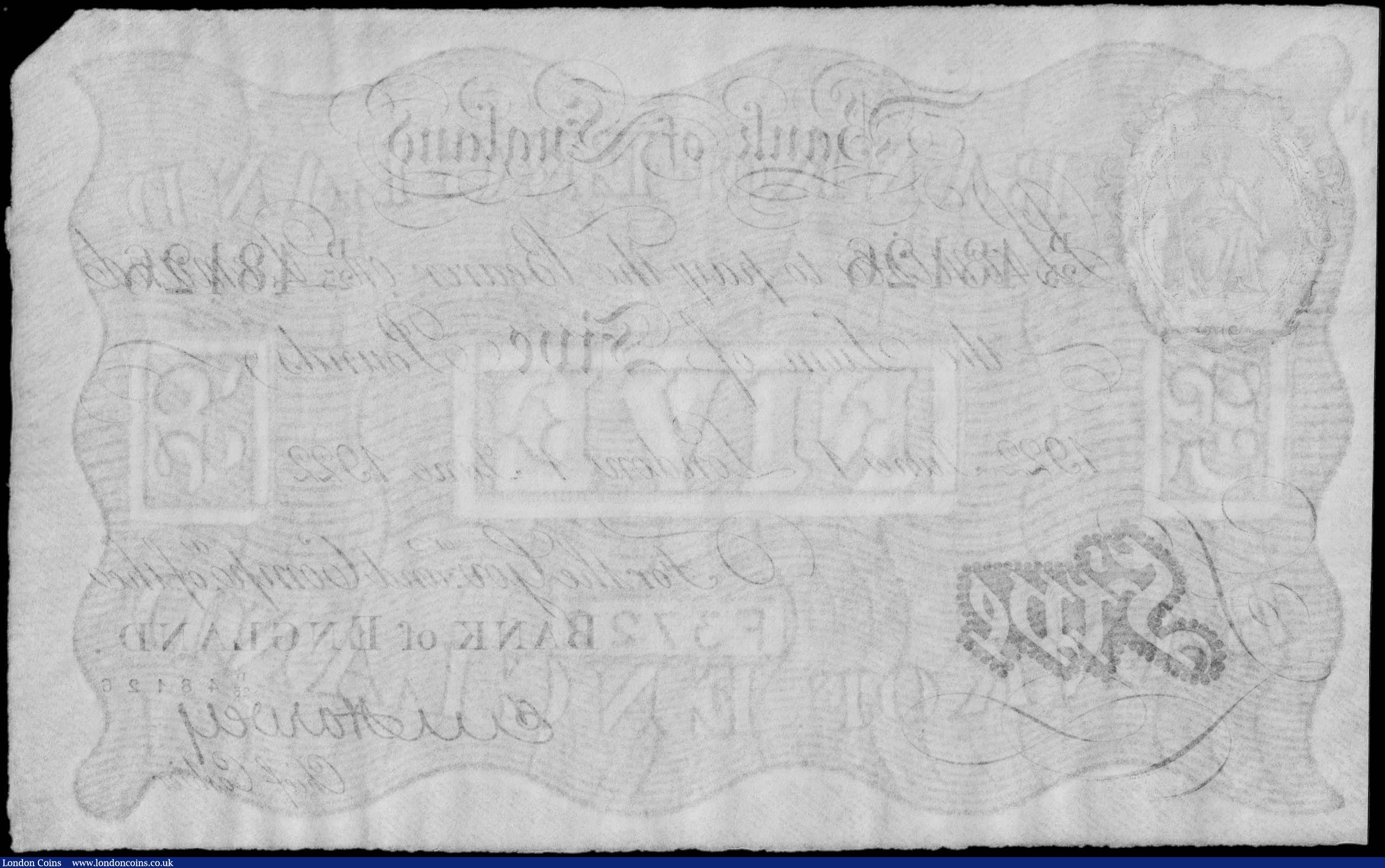 London Coins : A170 : Lot 34 : Five Pounds Harvey White Note B209a dated 1st June 1922 serial number D/25 48126 LONDON branch issue...