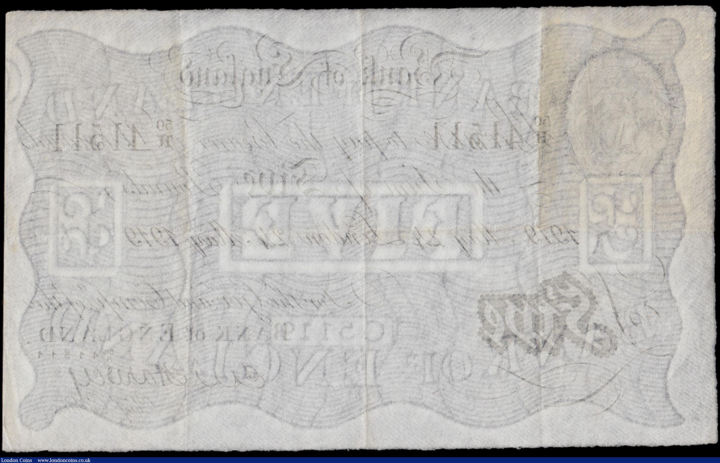 London Coins : A170 : Lot 36 : Five Pounds Harvey White note B209a an early dated 24th May 41511 with the ...