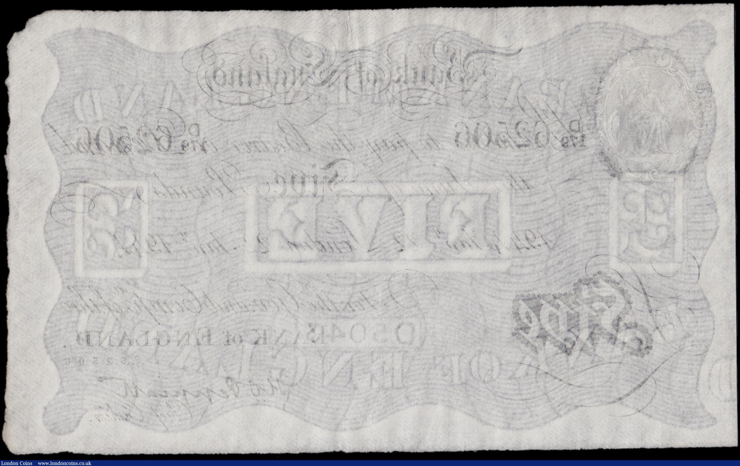 London Coins : A170 : Lot 44 : Five Pounds Peppiatt White note B241 LONDON branch issue dated 22nd January 1944 and serial number D...