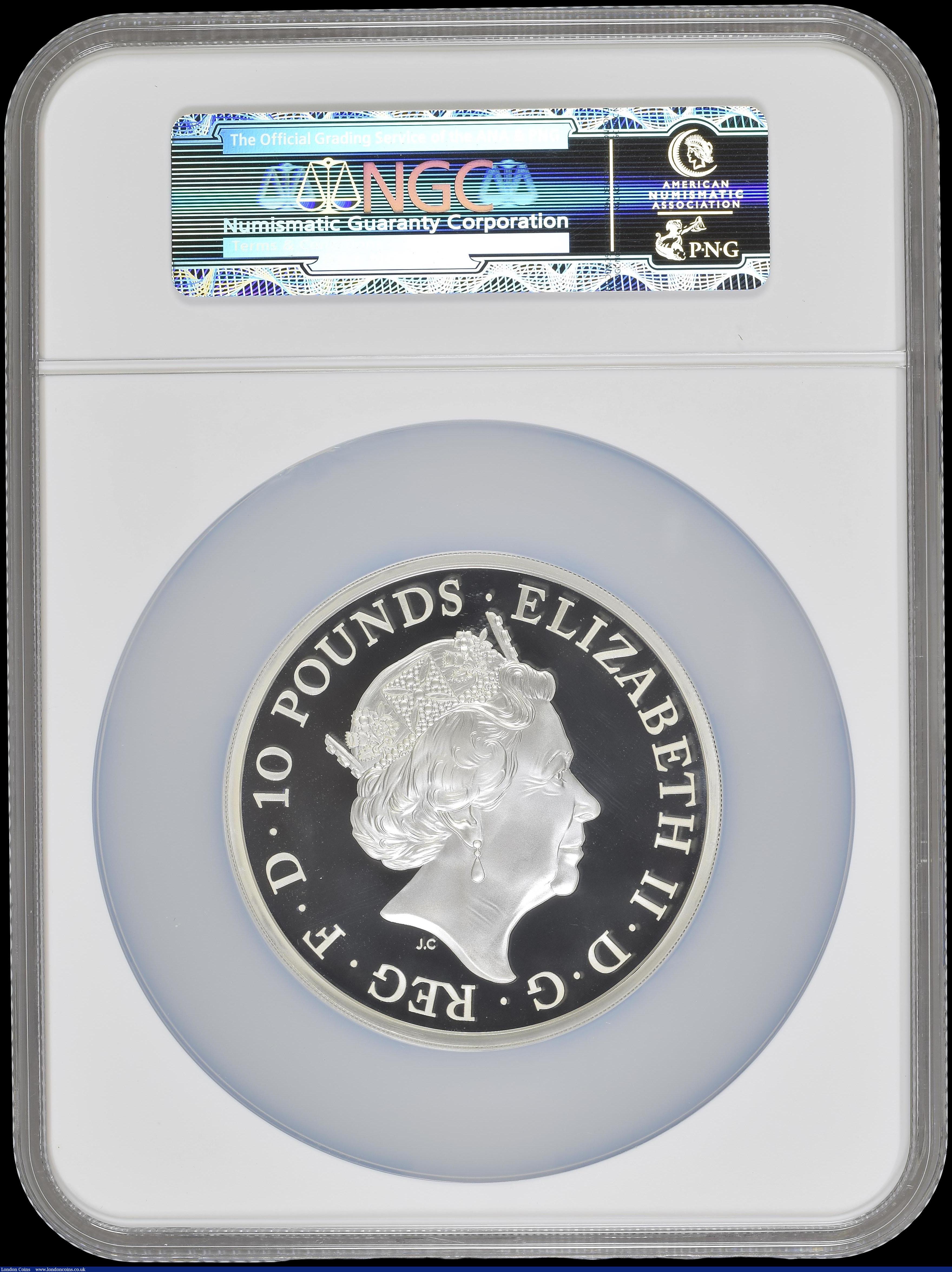 London Coins : A170 : Lot 479 : Britannia Silver Ten Pounds 2016 Standing Britannia with Lion 5oz. Silver Proof S.BG4 in a large NGC...