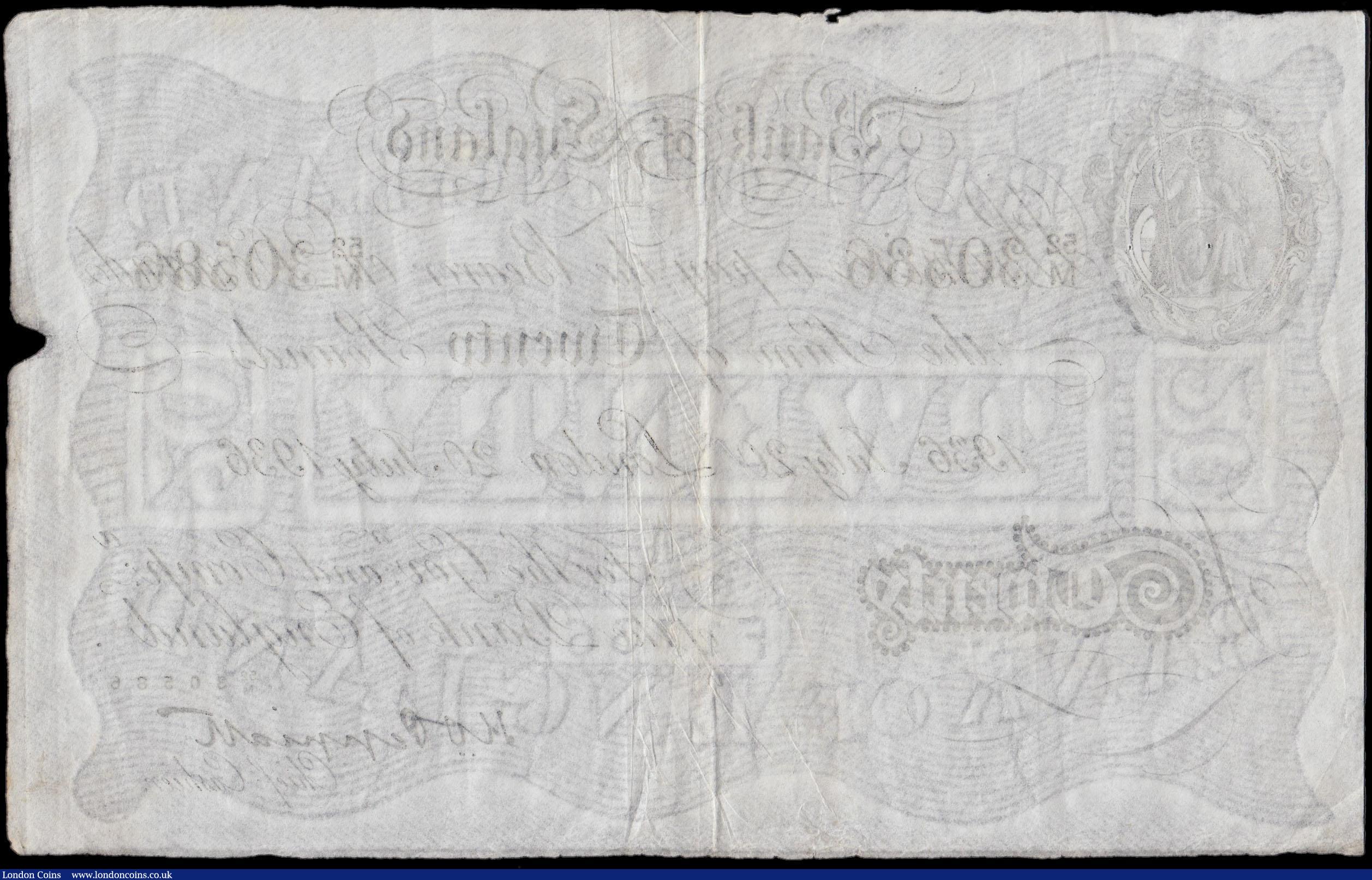 London Coins : A170 : Lot 49 : Twenty Pounds Peppiatt White note B243 LONDON branch issue dated 20th July 1936 serial number 52/M 3...