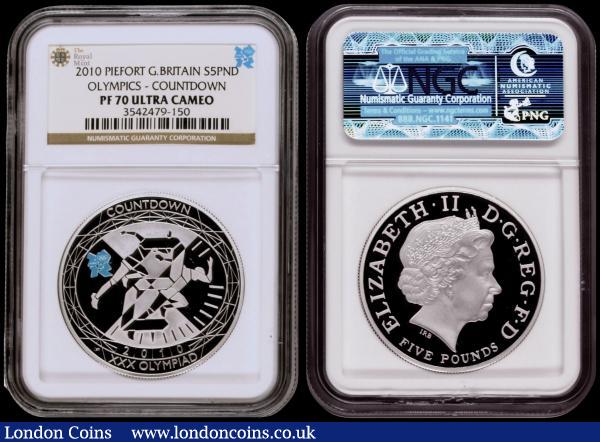Five Pound Crowns 2010 2-Year Countdown to the London Olympics S.4921 Silver Proof Piedforts with the blue Olympic logo on each reverse, each in NGC holders with Royal Mint logo and graded PF70 Ultra Cameo   : English Cased : Auction 170 : Lot 539