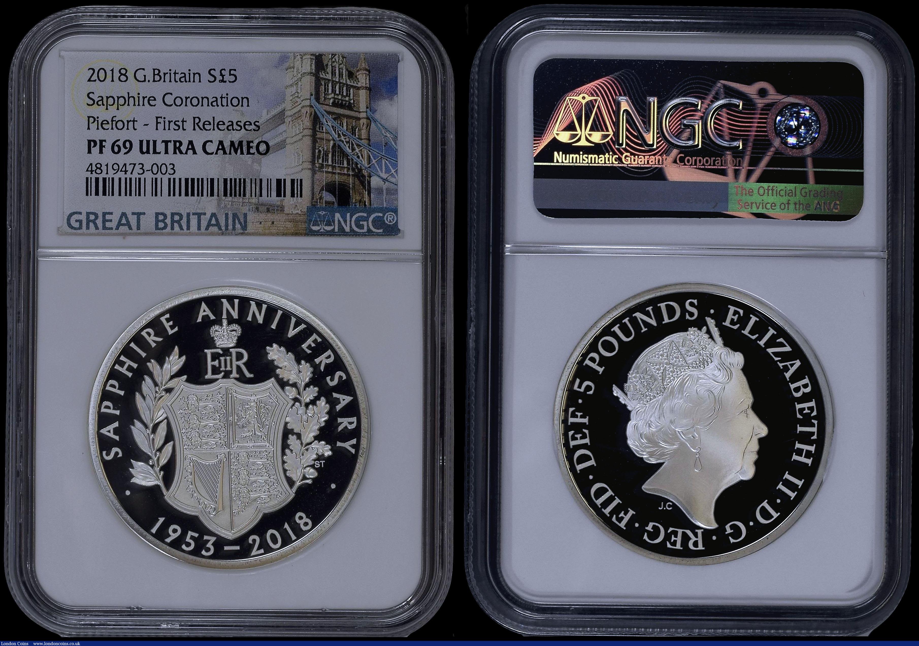 London Coins : A170 : Lot 540 : Five Pound Crowns 2018 65th Anniversary of the Coronation of Queen Elizabeth II S.L61 Silver Proof P...