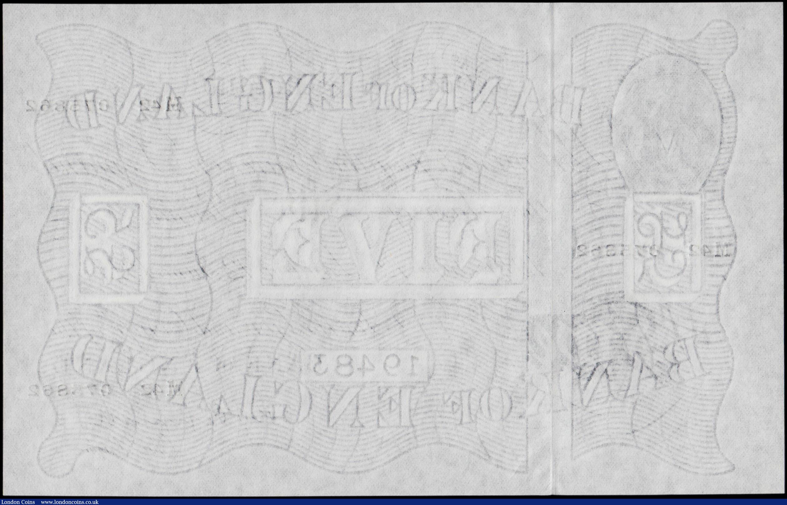 London Coins : A170 : Lot 63 : Five Pounds Peppiatt White note B264 Post-war Thin paper Metal thread LONDON branch issue dated 12th...