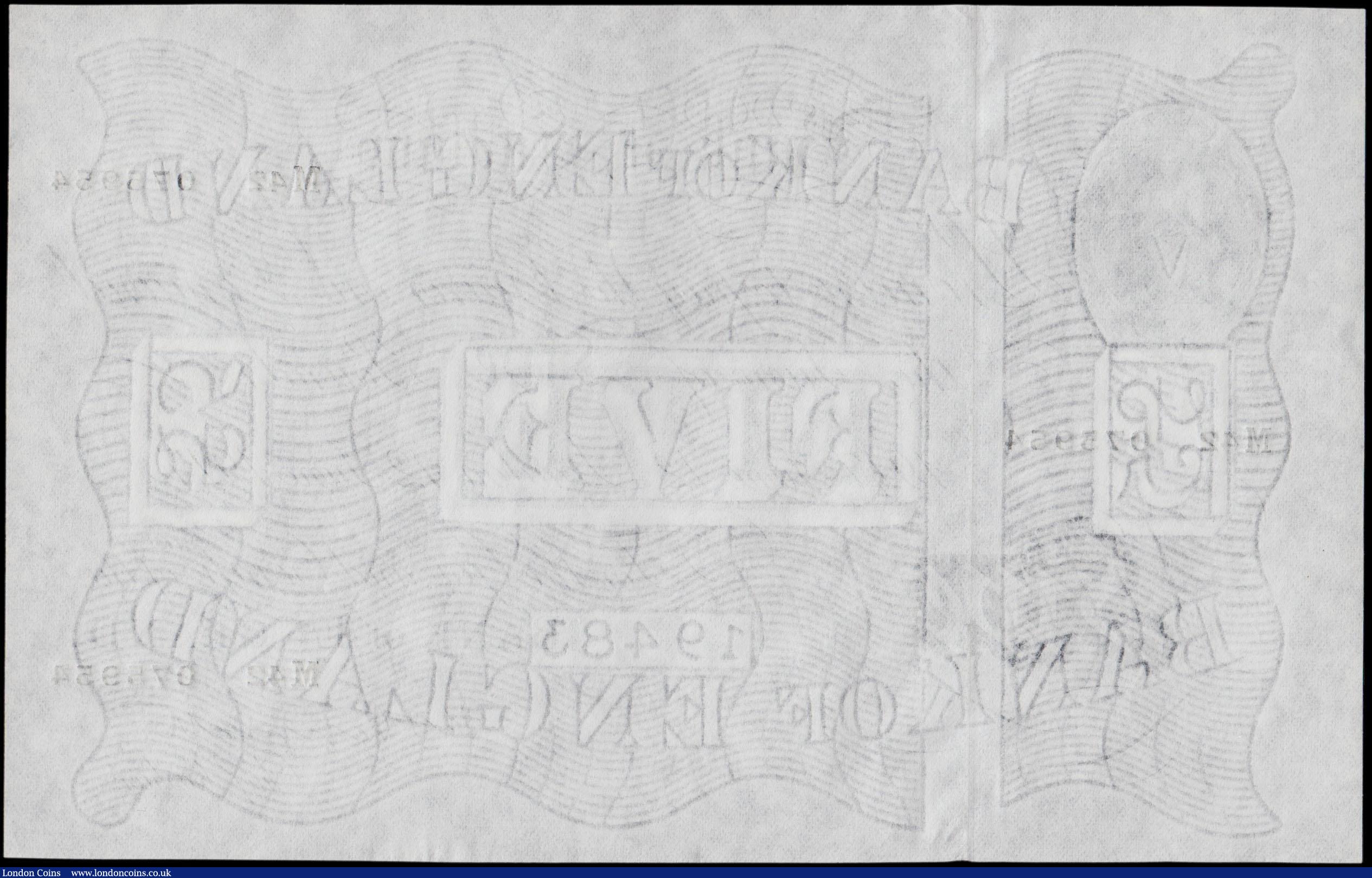 London Coins : A170 : Lot 65 : Five Pounds Peppiatt White note B264 Post-war Thin paper Metal thread LONDON branch issue dated 12th...