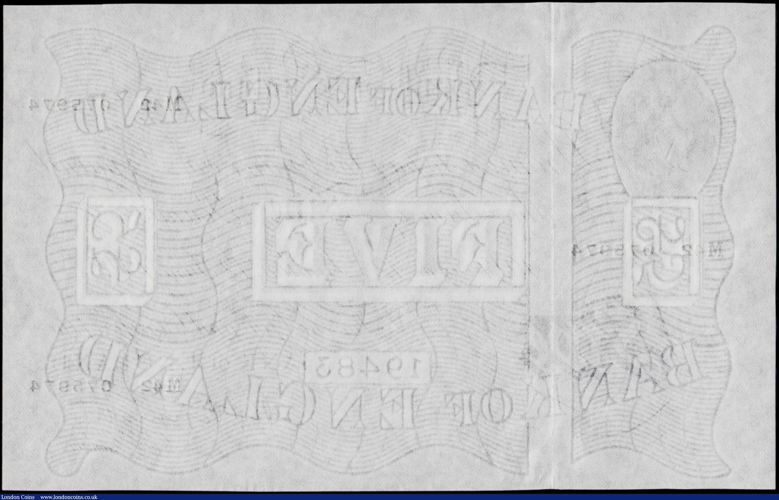 London Coins : A170 : Lot 66 : Five Pounds Peppiatt White note B264 Post-war Thin paper Metal thread LONDON branch issue dated 12th...