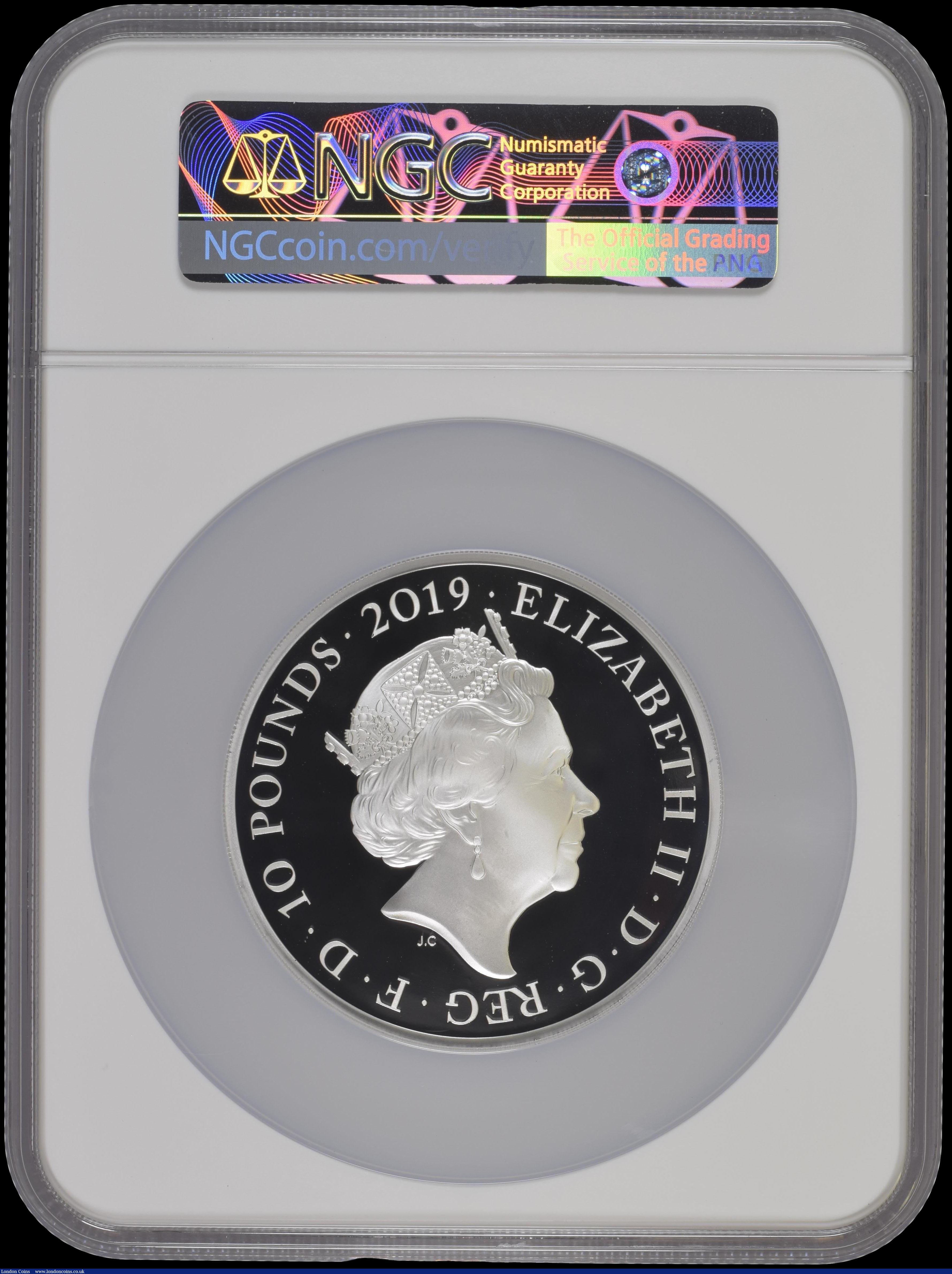 London Coins : A170 : Lot 698 : Ten Pounds 2019 The Tower of London - Legend of the Ravens 5oz. Silver Proof S.M12 in a large NGC ho...