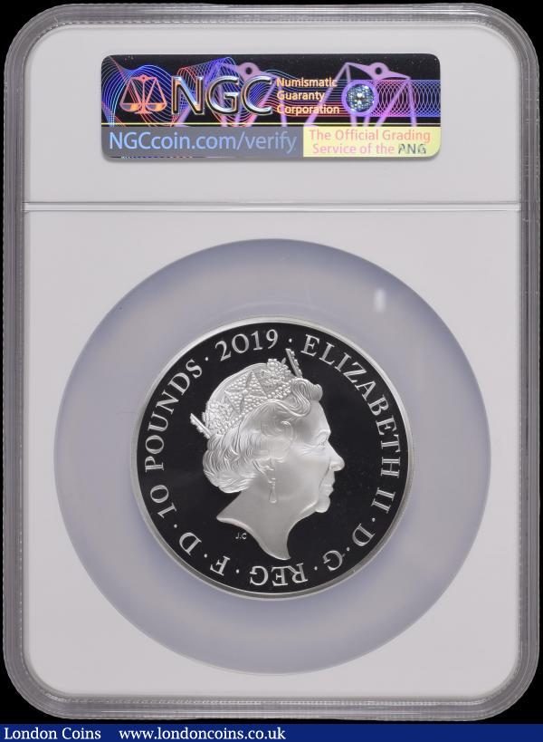 Ten Pounds 2019 Tower of London - Ceremony of the Keys 5oz. Silver Proof.S.M15. Reverse: Lamp and the Keys to the Tower. In a large NGC holder - One of the First 35 Struck, graded PF69 Ultra Cameo   in the Royal Mint box of issue with certificate number 35. Only 35 pieces of the 585 mintage are in this graded presentation format : English Cased : Auction 170 : Lot 699
