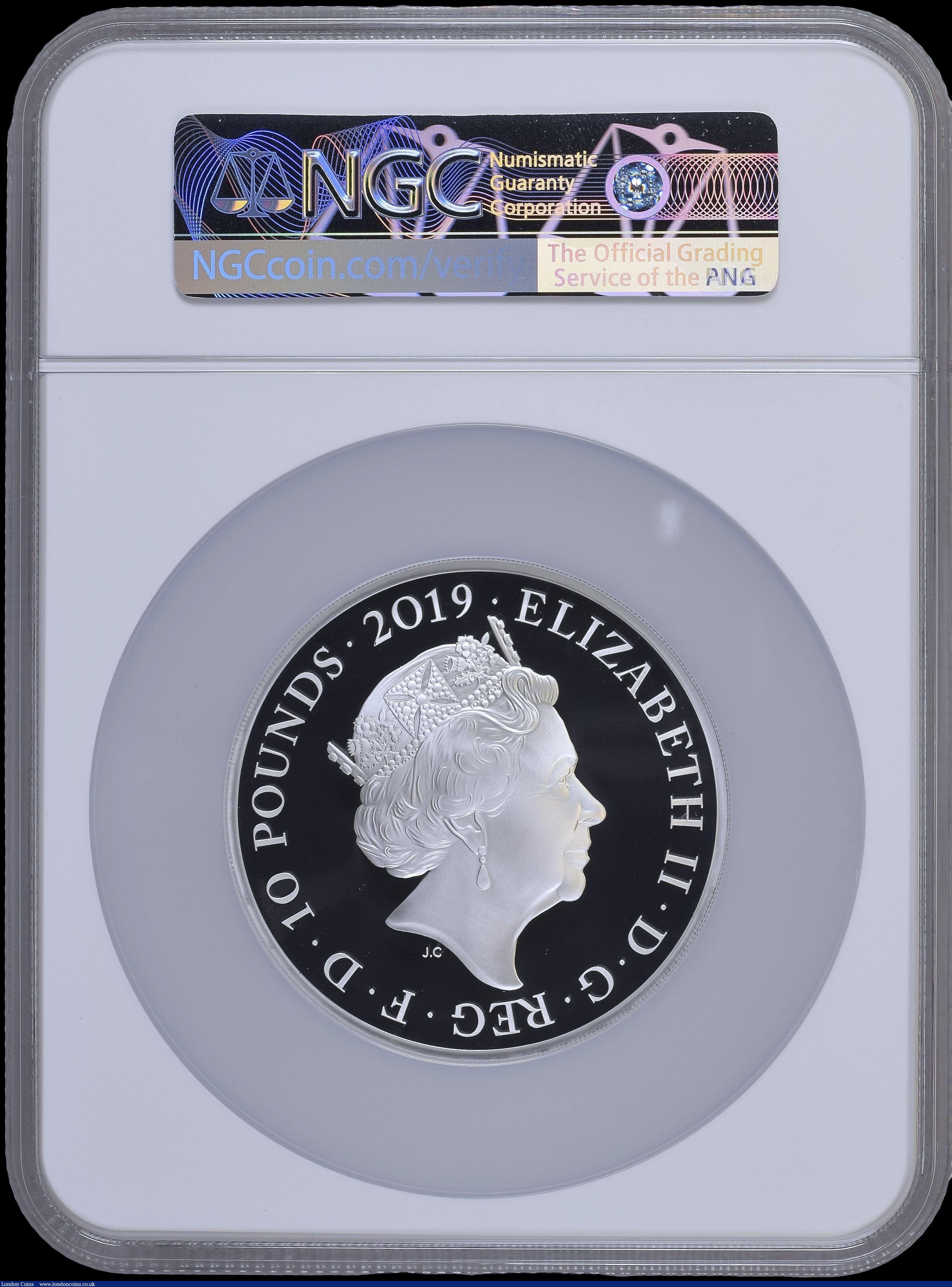 London Coins : A170 : Lot 700 : Ten Pounds 2019 Tower of London - Legend of the Ravens 5oz. Silver Proof S.M12 in a large NGC holder...