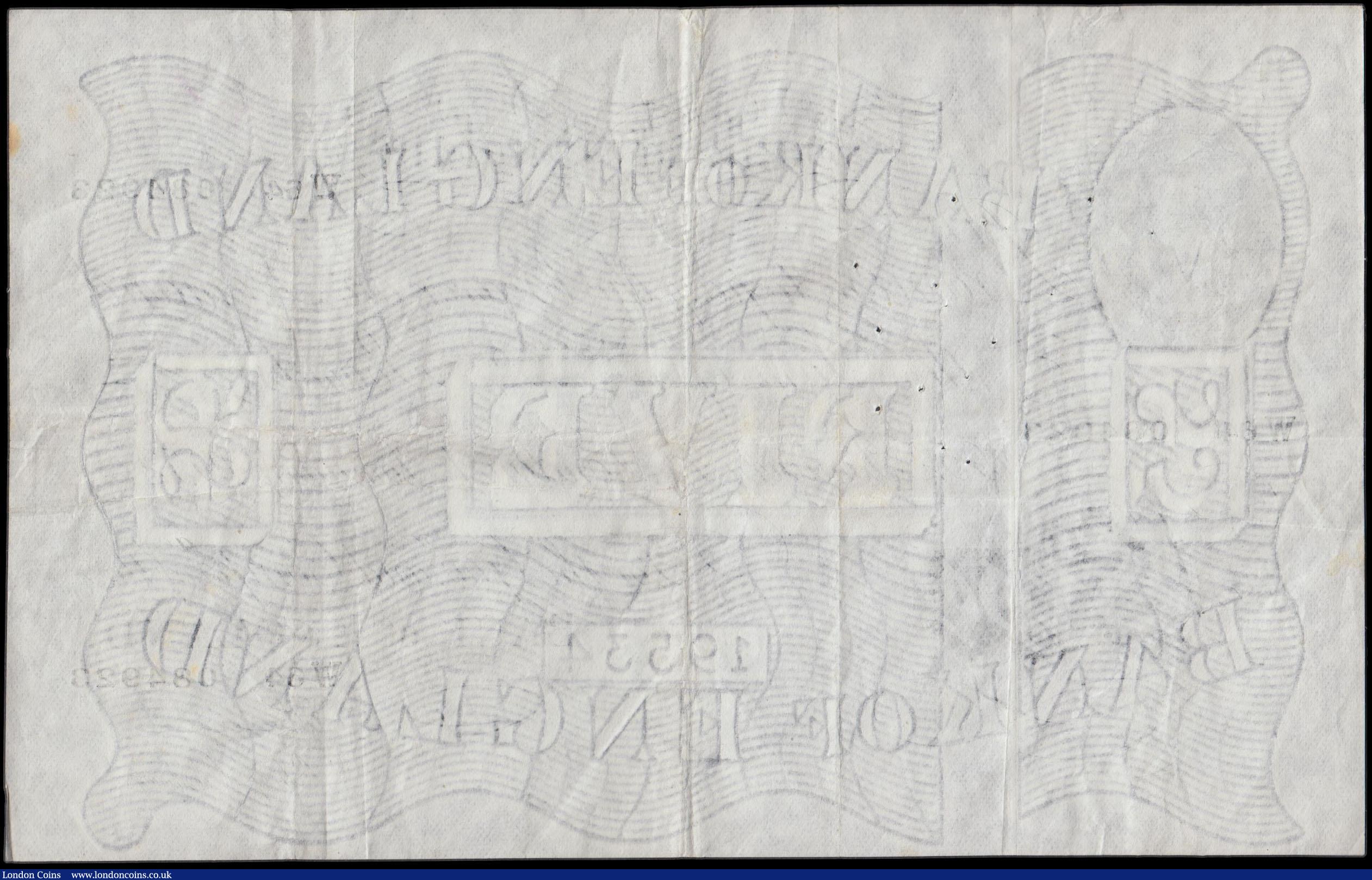 London Coins : A170 : Lot 73 : Five Pounds Beale White note B270  Thin paper Metal thread LONDON branch issue dated 1st January 195...