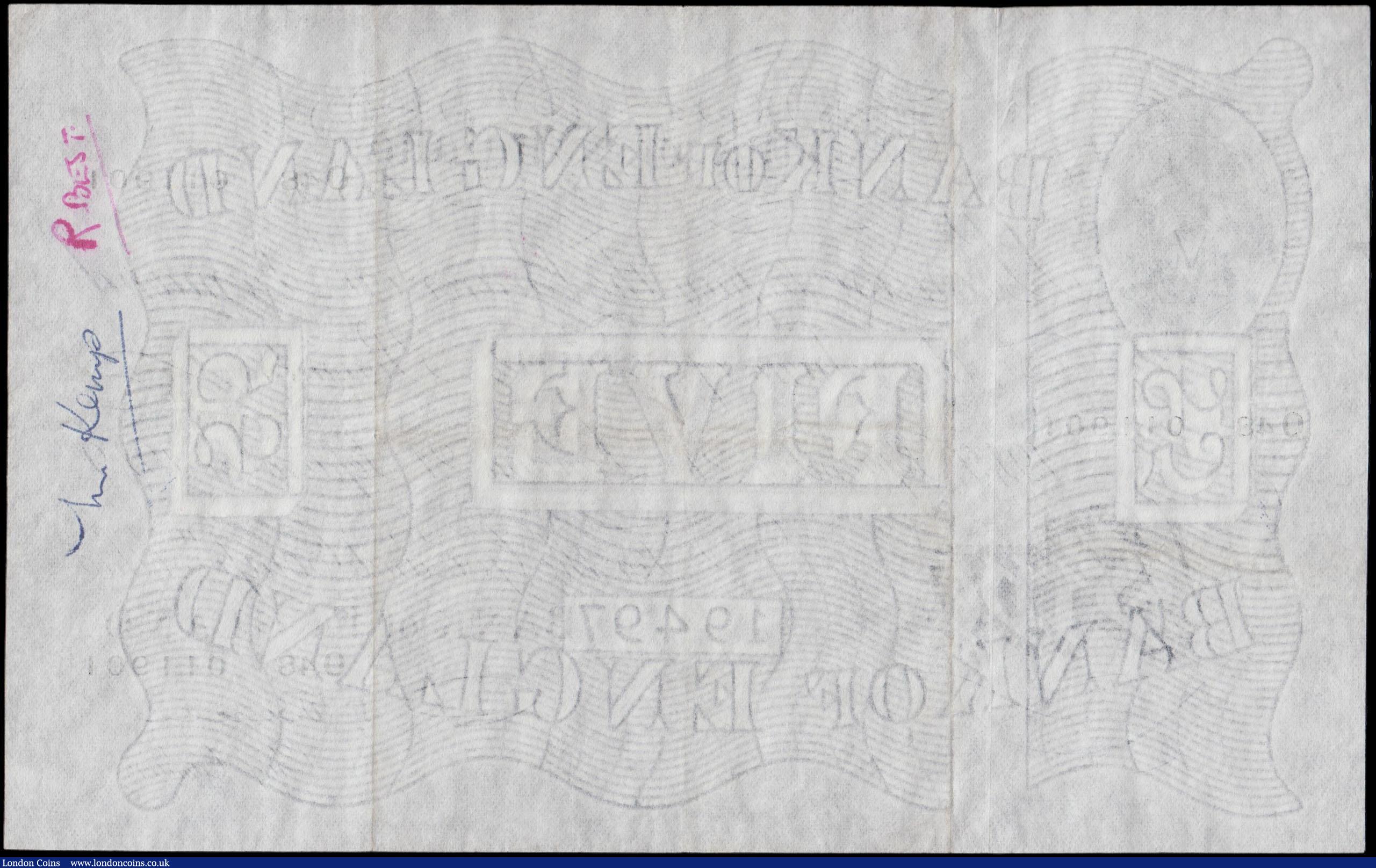 London Coins : A170 : Lot 74 : Five Pounds Beale White note B270  Thin paper Metal thread LONDON branch issue dated 21st September ...