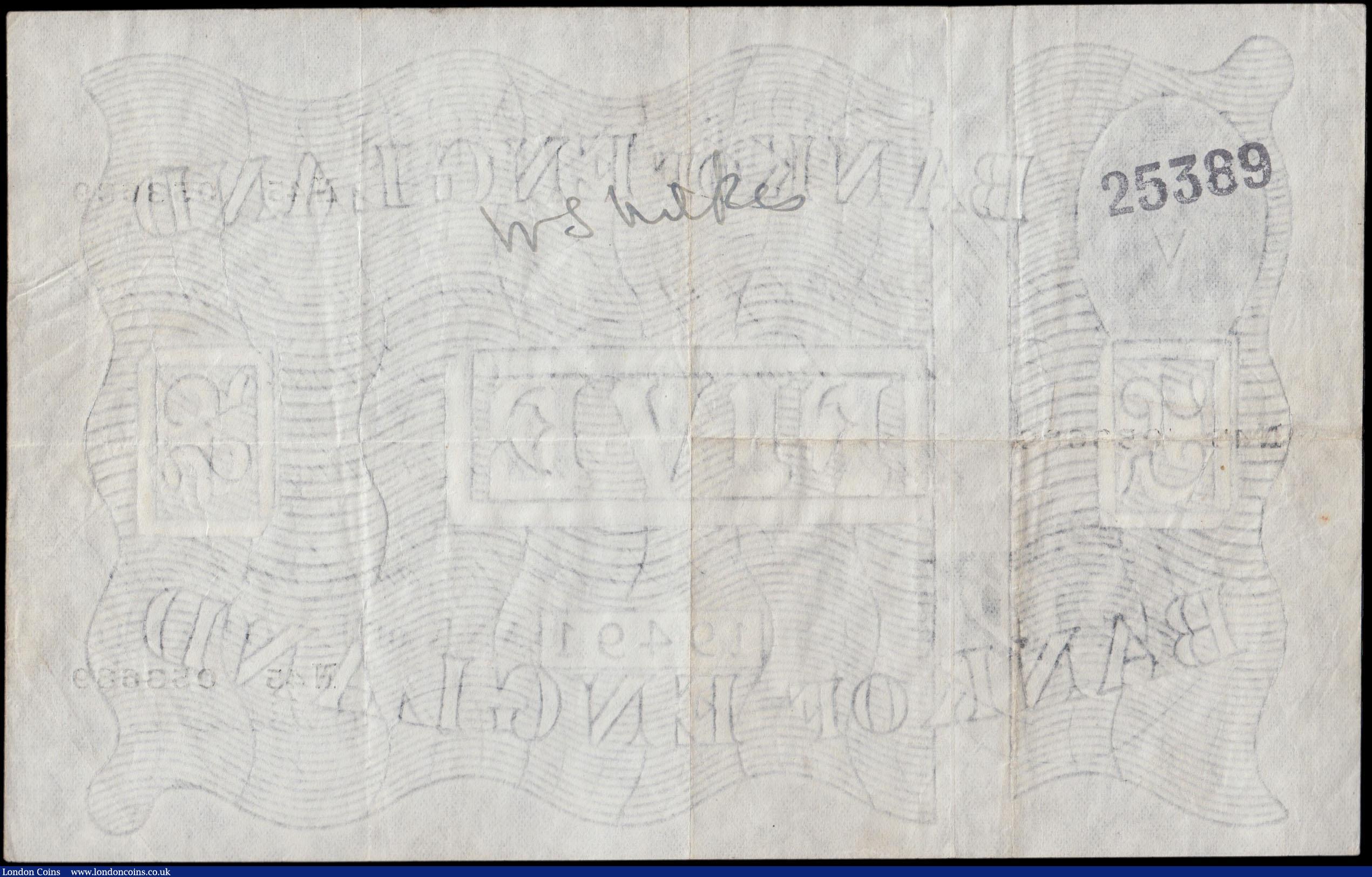 London Coins : A170 : Lot 75 : Five Pounds Beale White note B270  Thin paper Metal thread LONDON branch issue dated 25th May 1949 s...