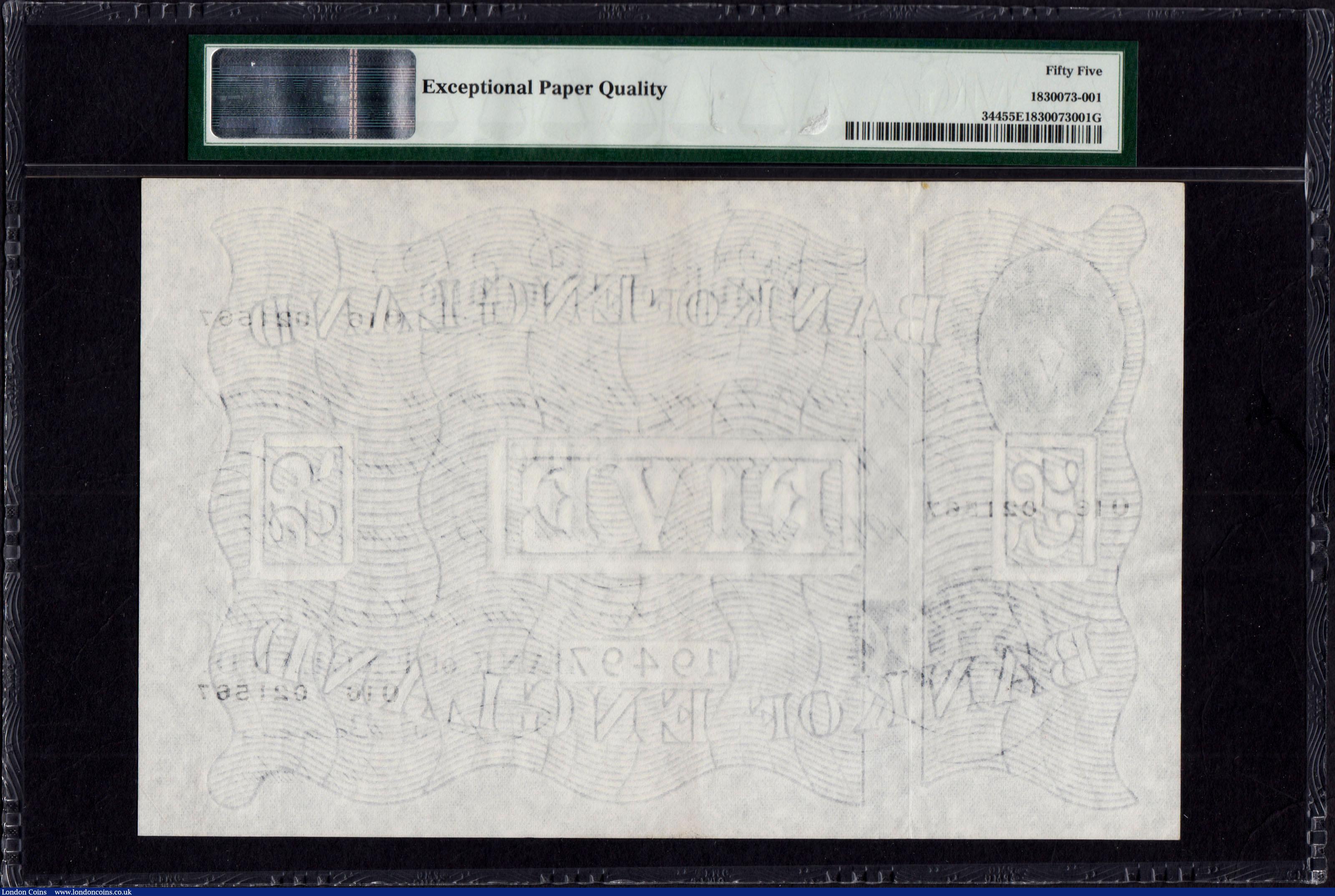 London Coins : A170 : Lot 82 : Five Pounds Beale White note B270 Thin paper Metal thread dated 15th August...