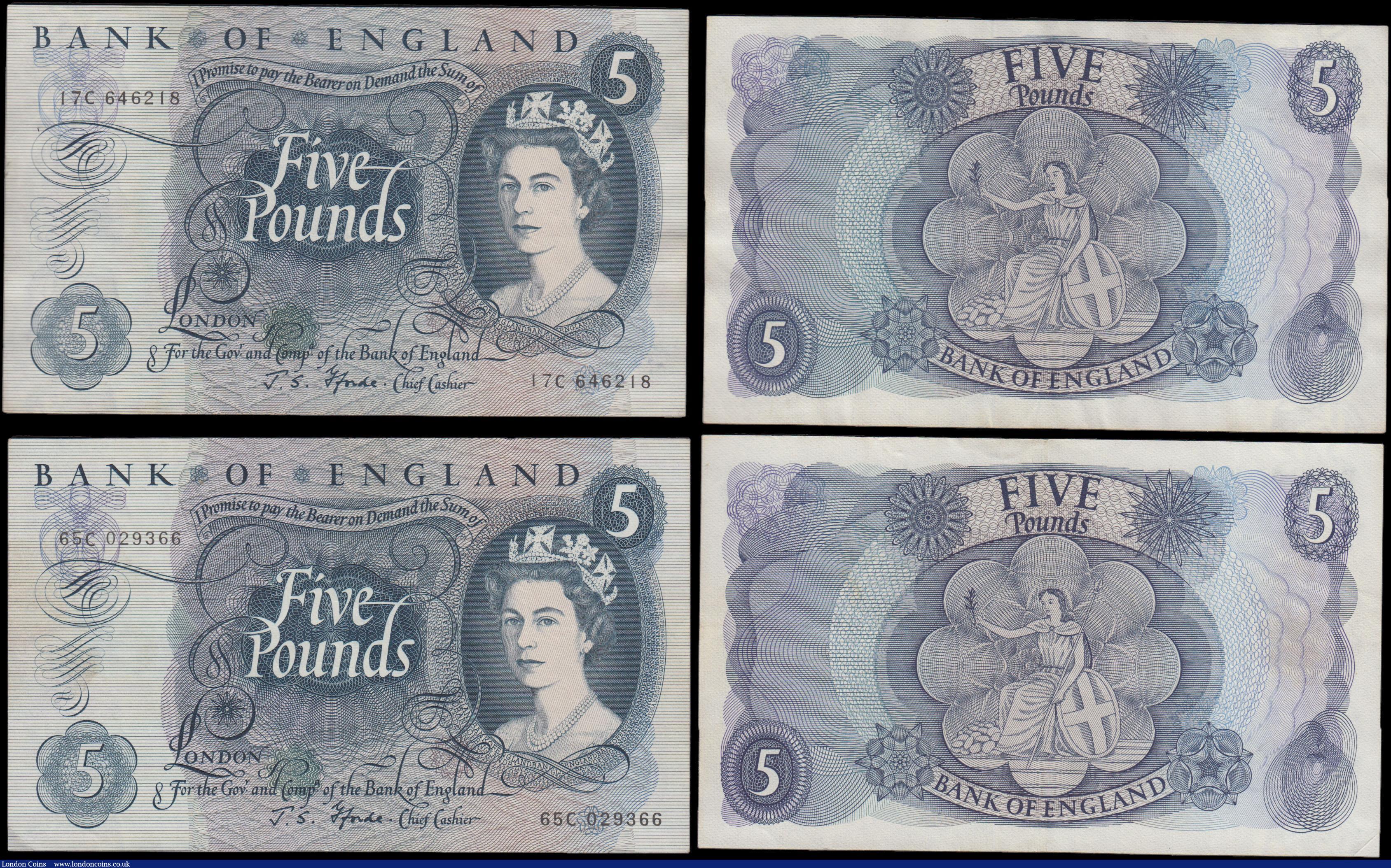 London Coins : A170 : Lot 88 : Five Pounds Fforde QE2 portrait & seated child Britannia 1967 (5) a presentable circulated group...