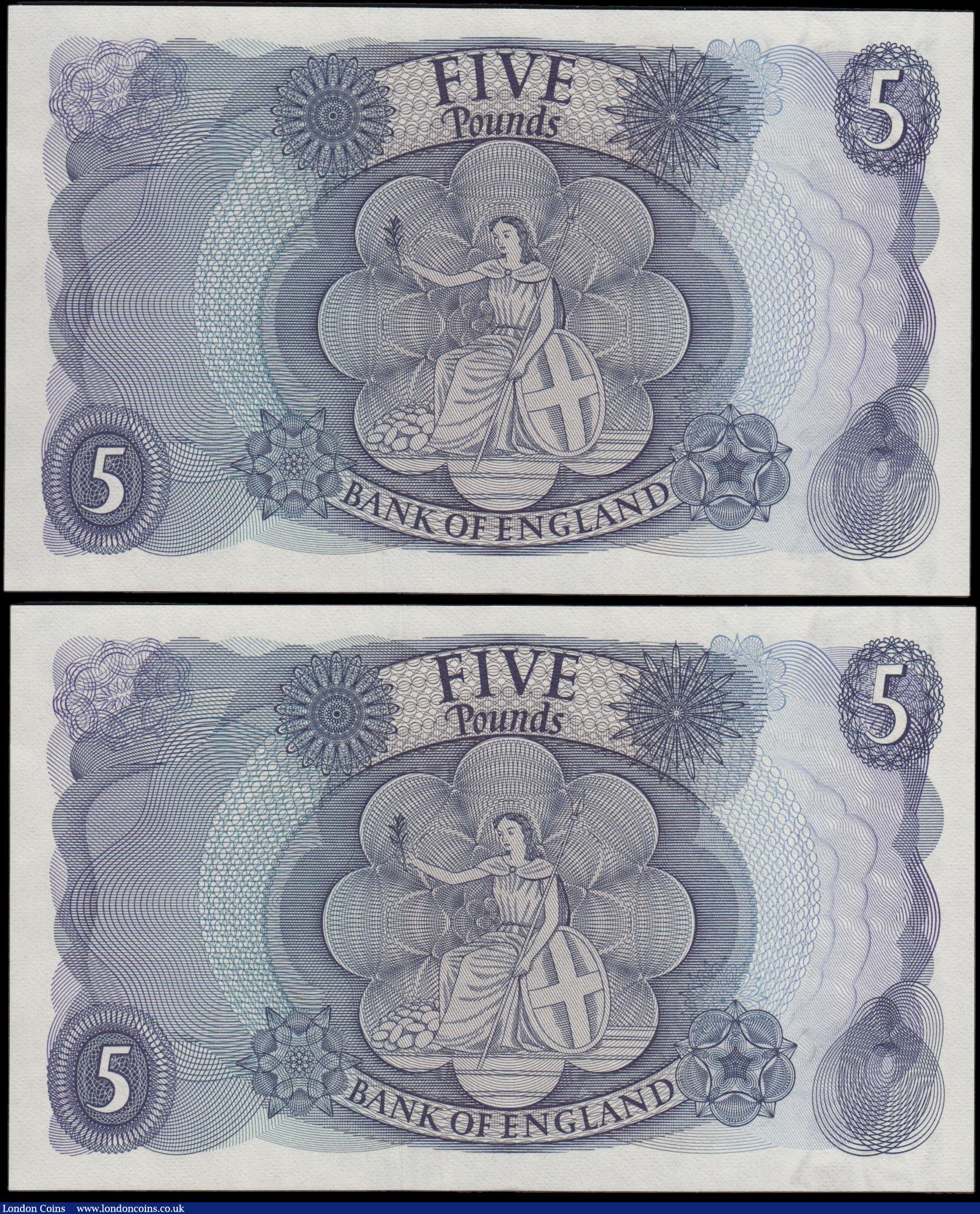 London Coins : A170 : Lot 89 : Five Pounds Fforde QE2 portrait & seated child Britannia B312 issue 1967 (2) a consecutively num...