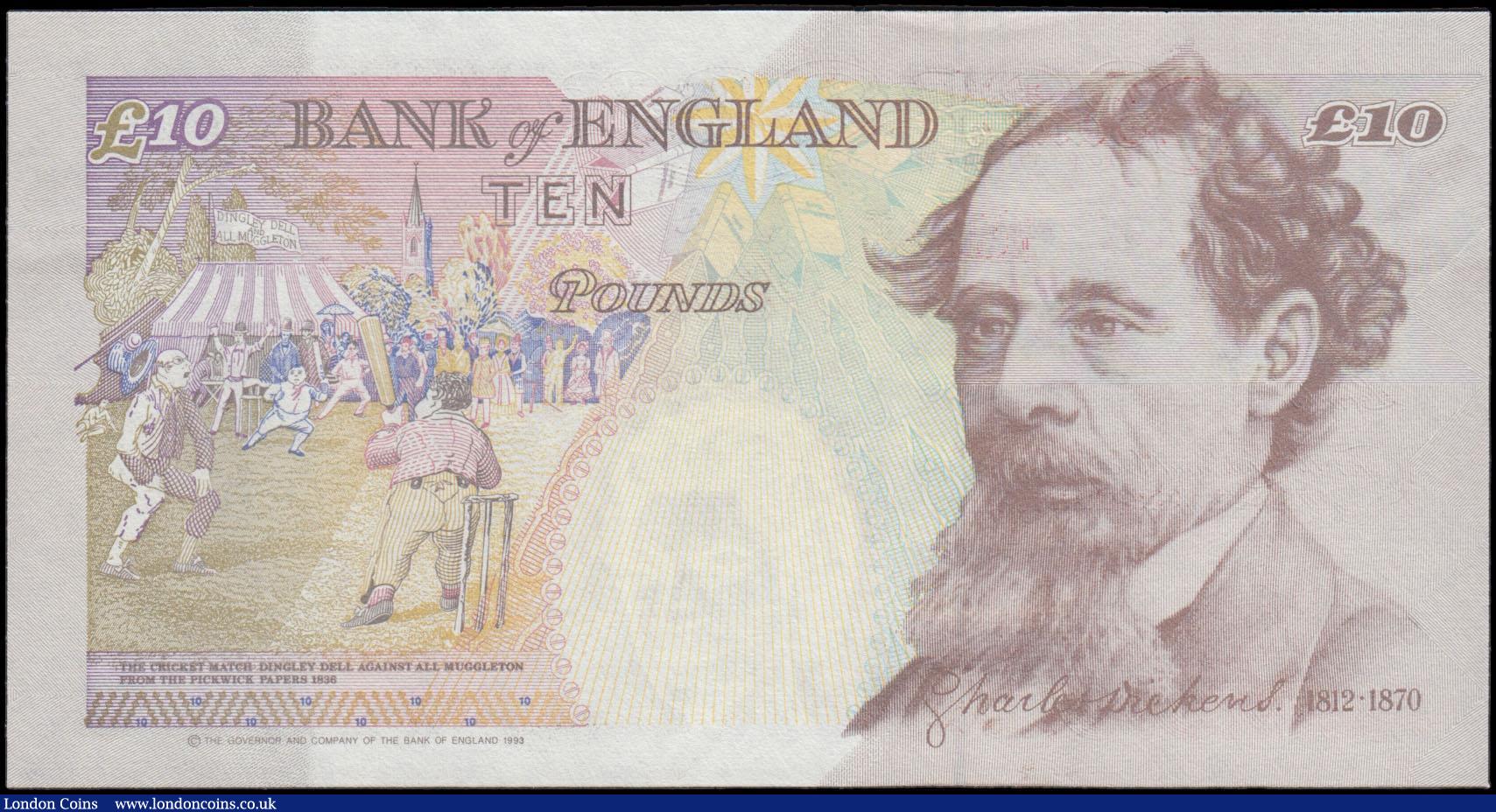 London Coins : A170 : Lot 98 : Ten Pounds Kentfield QE2 & Charles Dickens B369 Orange-Brown denomination at upper right issue 1...
