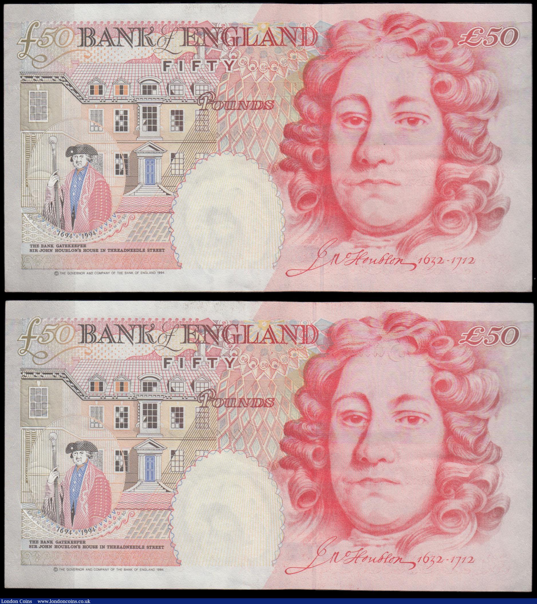 London Coins : A170 : Lot 99 : Fifty Pounds Kentfield B377cs Column Sort Silver Foil Tudor Rose issue 1994 (2) a near consecutively...