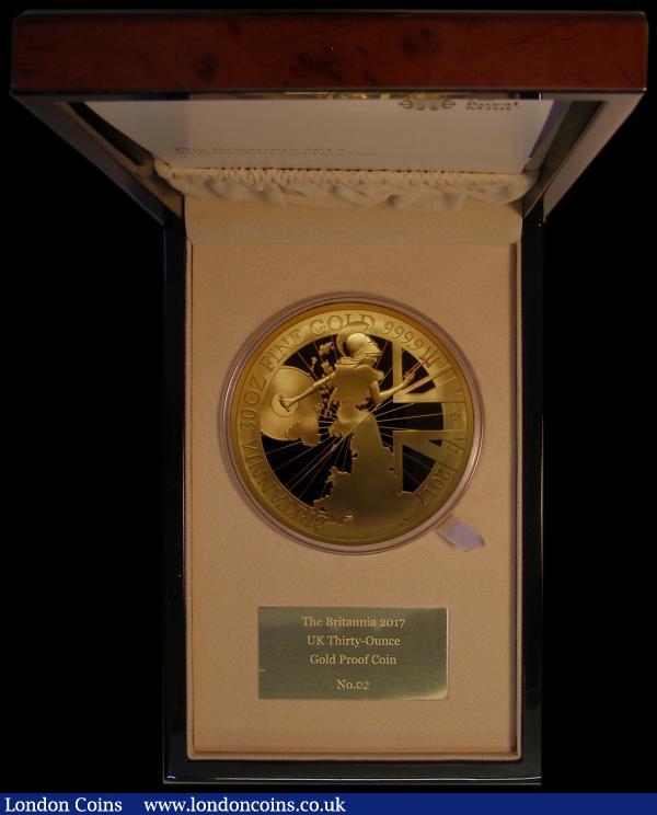 Eight Hundred Pounds Britannia 2017 30oz. .999 Gold Proof, 100mm diameter, with trident mintmark marking the 30th Anniversary of Britannia Gold, S.BS1, thus far the only issue of this unusual denomination, a superb issue showing the full beauty of this unusual reverse design.  FDC in the large Royal Mint box of issue with certificate and booklet, Number 02 of only 21 pieces minted : English Cased : Auction 170 : Lot 487