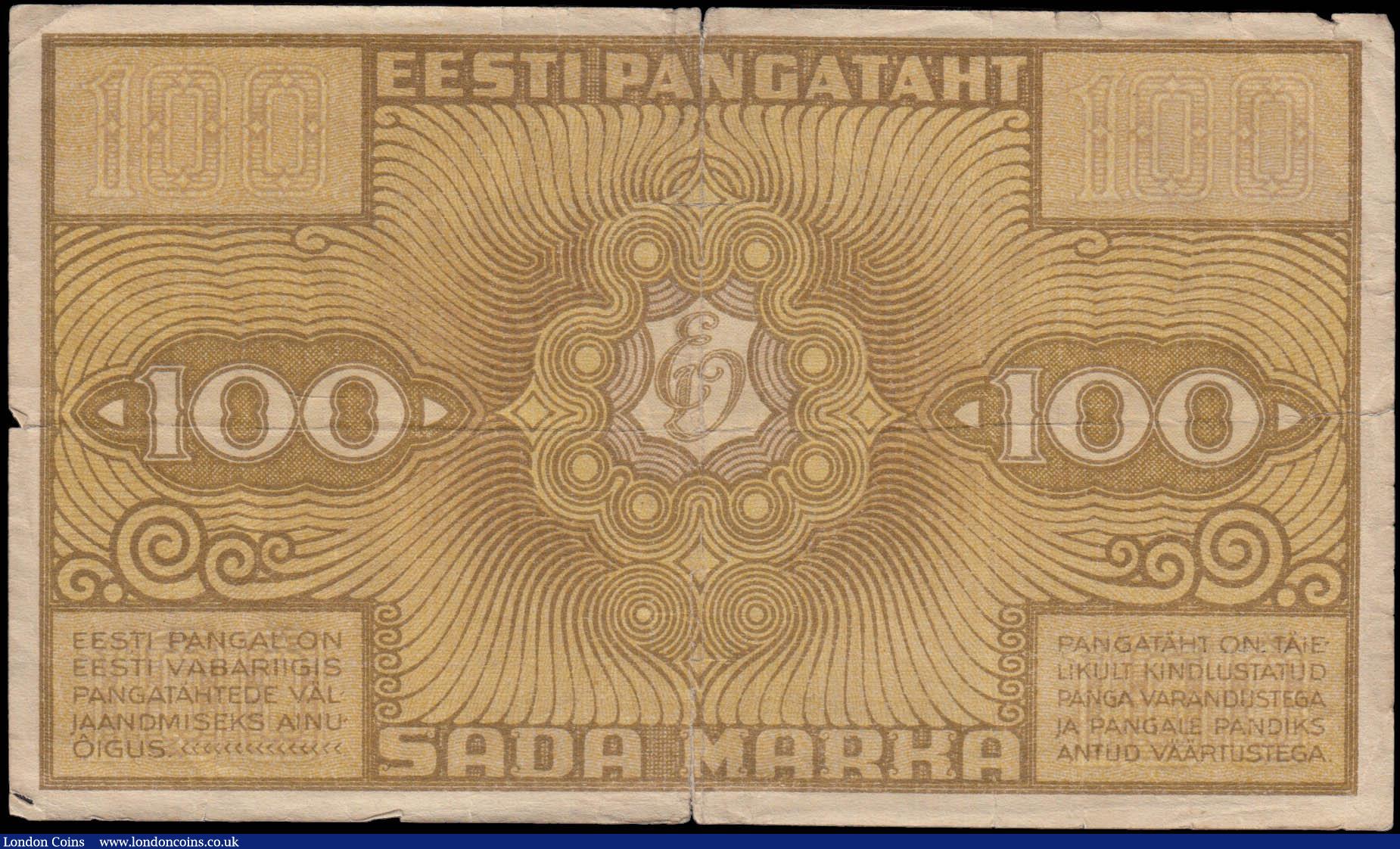 London Coins : A171 : Lot 106 : Estonia Eesti Vabariigi 100 Marka Pick 56a dated 1921 serial number 1339577, about Fine and a Scarce...