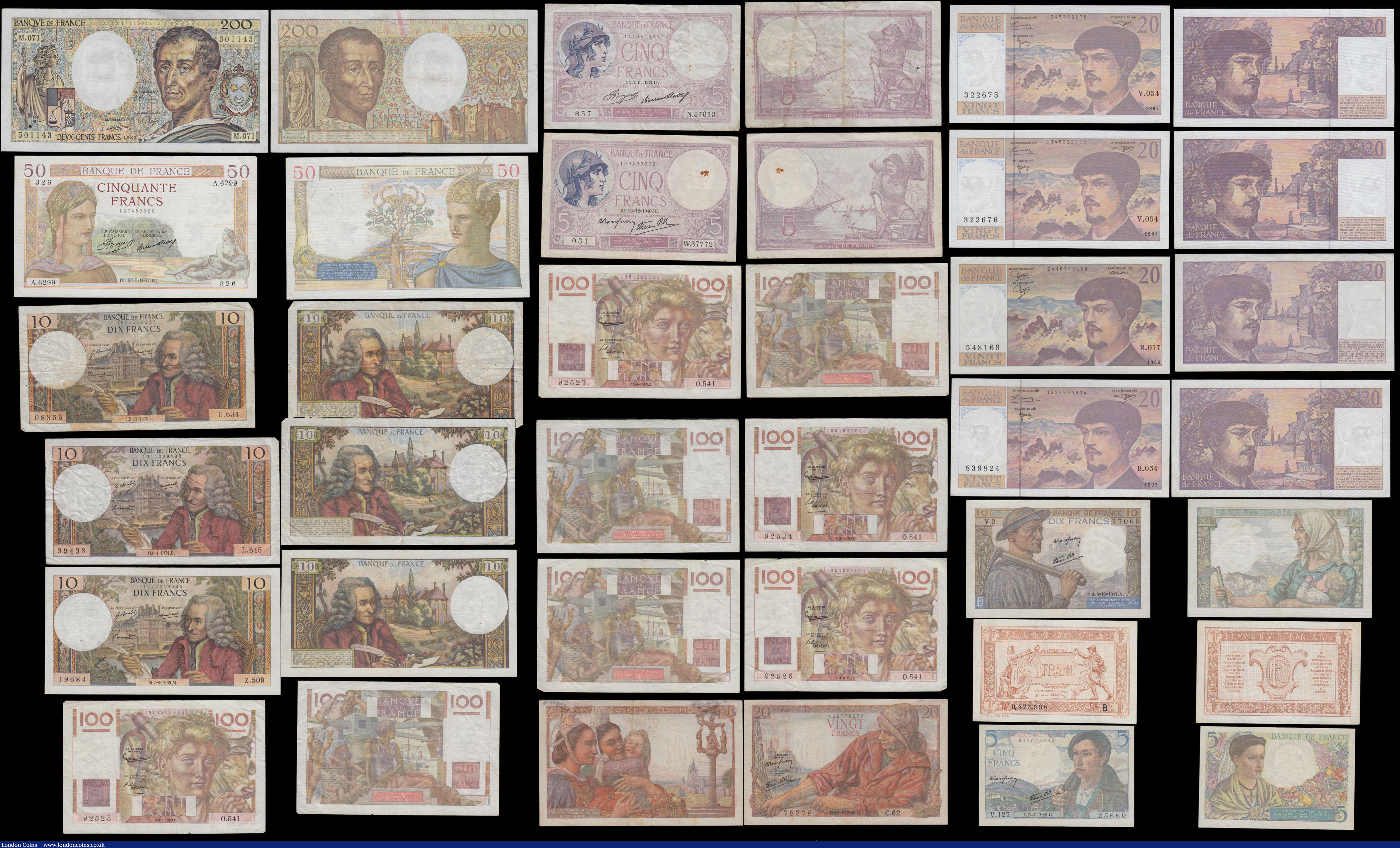 London Coins : A171 : Lot 115 : France (31) in various grades average about VF - GVF to EF and including various denominations - 5 t...