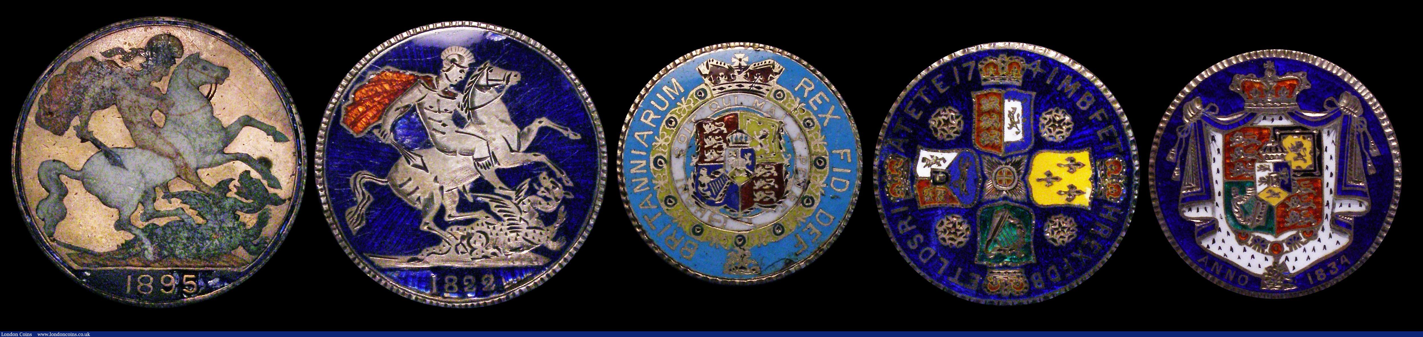 London Coins : A171 : Lot 1177 : Enamelled (5) Crown 1822 in 2 colours, Crown 1895 7 colours, the 5 of the date appears re-attached o...