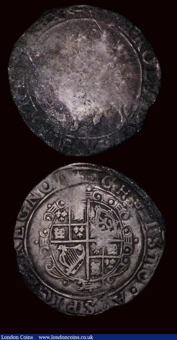 Halfcrown Charles I Group III, Third Horseman, type 3a2. S.2775 mintmark Anchor, 14.93 grammes, Fair/Near Fine, the obverse type identified by the mintmark. Shilling Charles I Group D, Fourth Bust, Type 3a. No inner circles S.2791 mintmark Tun, 5.76 grammes, VG/Near Fine with uneven tone : Hammered Coins : Auction 171 : Lot 1227