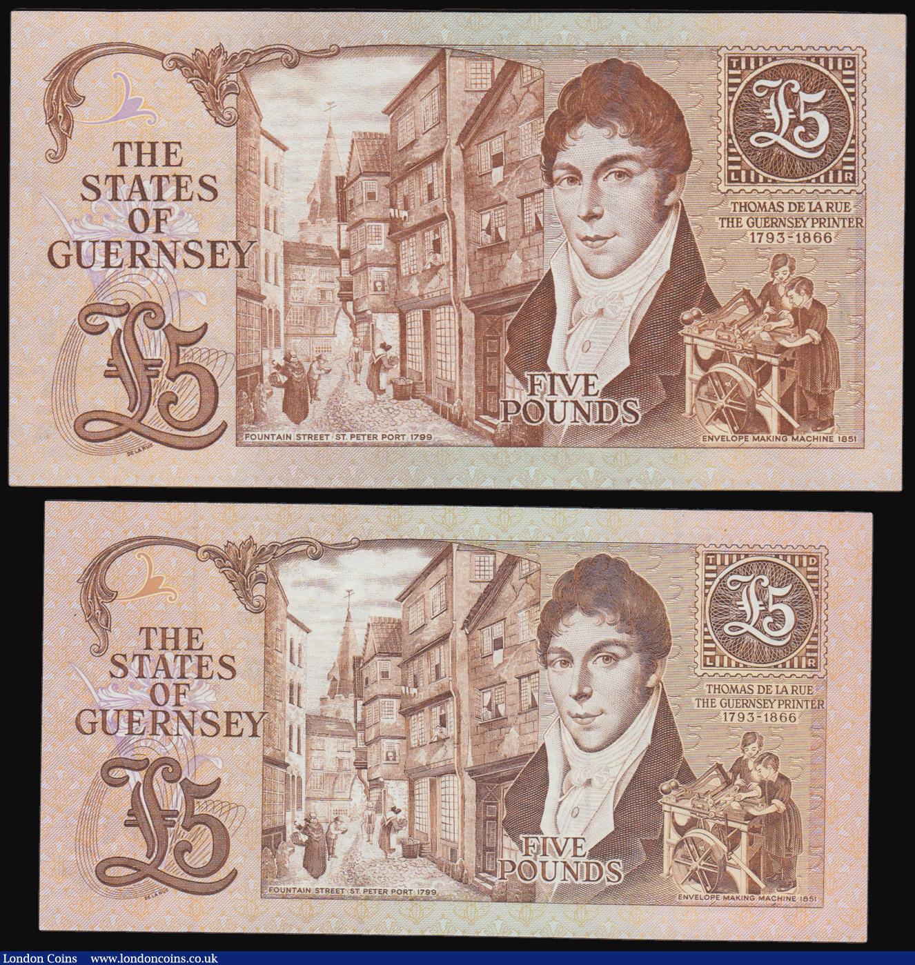 London Coins : A171 : Lot 141 : Guernsey (2) a very high grade fresh and crisp UNC pair of the larger and reduced size 5 Pound notes...