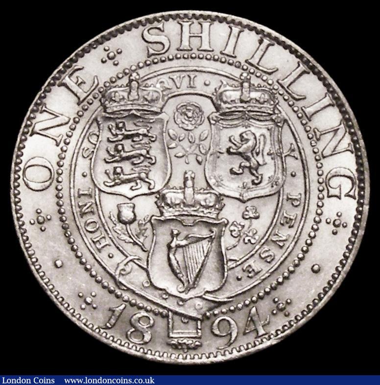 London Coins : A171 : Lot 1640 : Shilling 1894 Small Obverse Letters, Bull 3157, Davies 1013, dies 1B, Obverse: I of DEI point to a s...