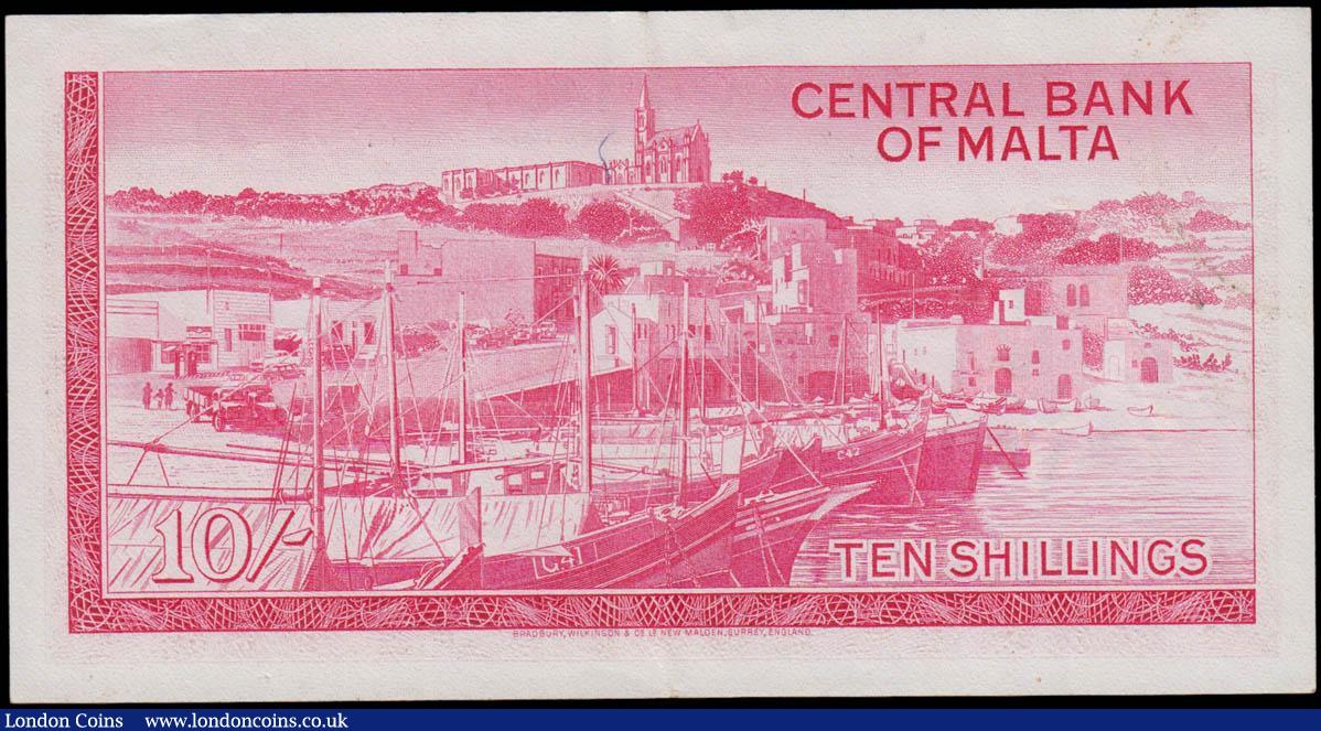 London Coins : A171 : Lot 190 : Malta Central Bank 10 Shillings Pick 28a Law of 1967 (1968) serial number A/1 691142 signature Hogg,...