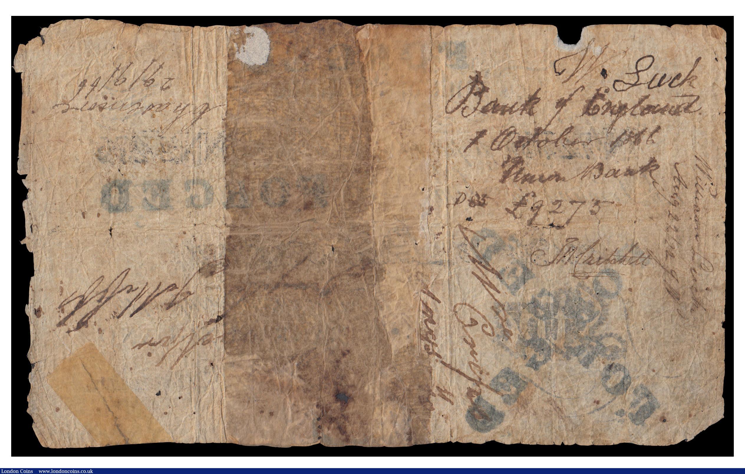 London Coins : A171 : Lot 34 : One Pound Henry Hase 13th Feb 1821 serial No. 7275 "FORGED" stamped four times across the ...