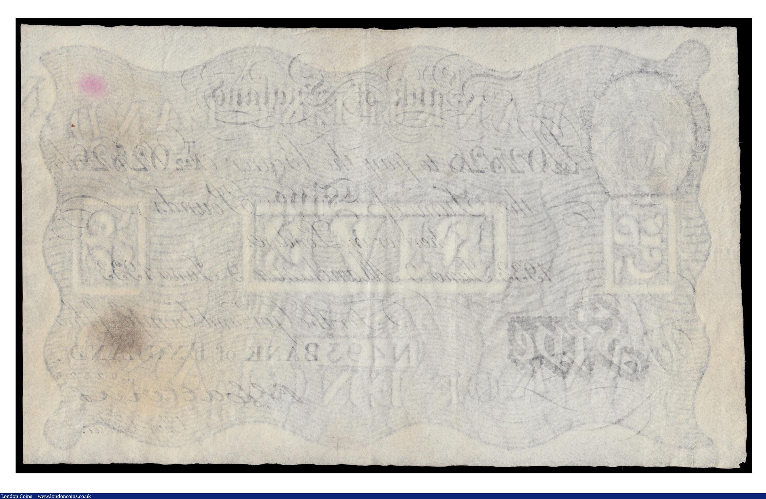 London Coins : A171 : Lot 39 : Five pounds Catterns white B228 dated 9th June 1933 MANCHESTER branch serial T/142 02526 GVF with so...