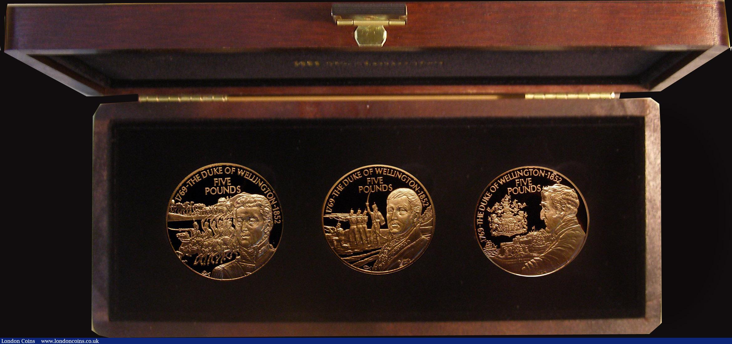 London Coins : A171 : Lot 437 : Alderney/Jersey/Guernsey Five Pounds 2002 a 3-coin set in gold Proof FDC in Westminster's box w...