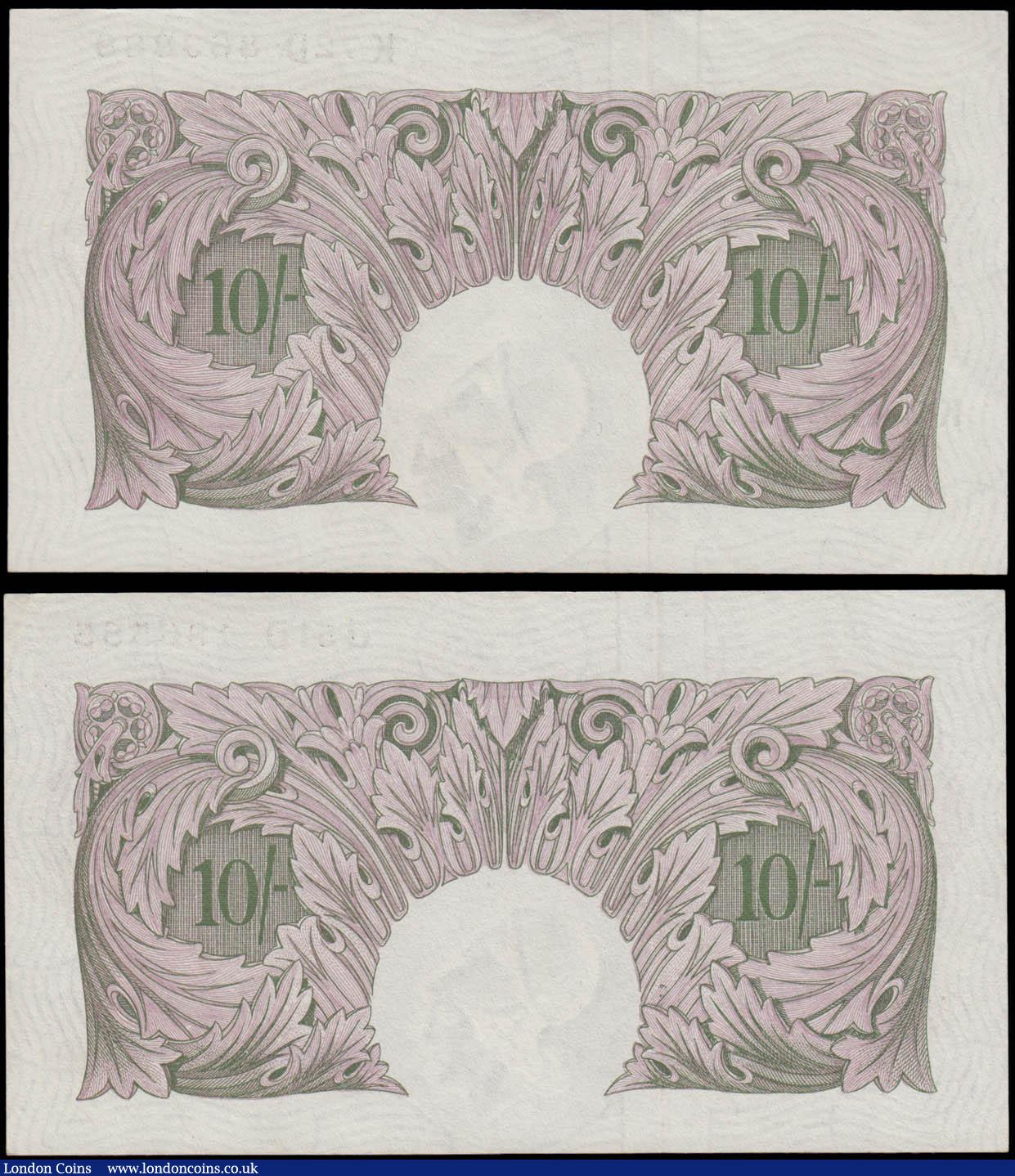 London Coins : A171 : Lot 46 : Ten Shillings Peppiatt B251 World War II Mauve Emergency issues 1940 (2) serial numbers J51D 486585 ...