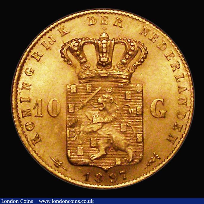 London Coins : A171 : Lot 682 : Netherlands 10 Gulden Gold 1897 KM#118 UNC or very near so and lustrous with light friction to the h...