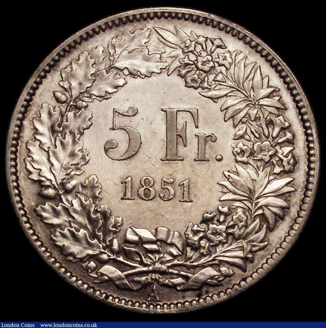 London Coins : A171 : Lot 730 : Switzerland 5 Francs 1851A KM#11 bright  EF and scarce in high grade