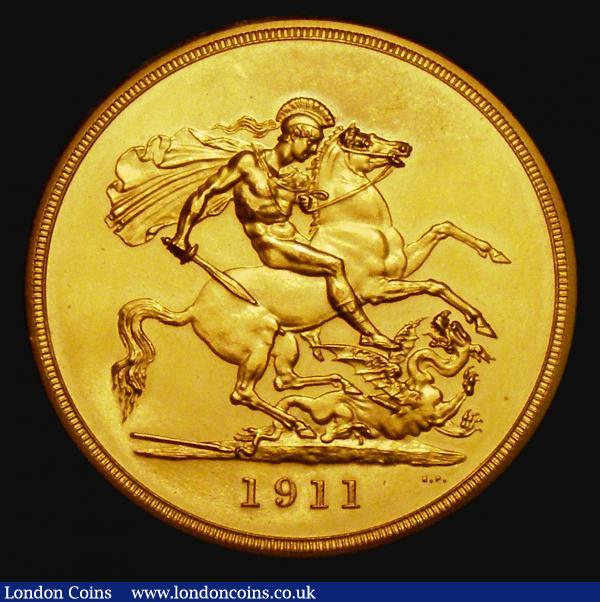 Five Pounds 1911 S.3994 Lustrous UNC retaining much original lustre, the reverse with a hint of toning on the highest parts of the St. George figure, a most attractive example of the only George V Gold Five Pounds issue : English Coins : Auction 171 : Lot 1372