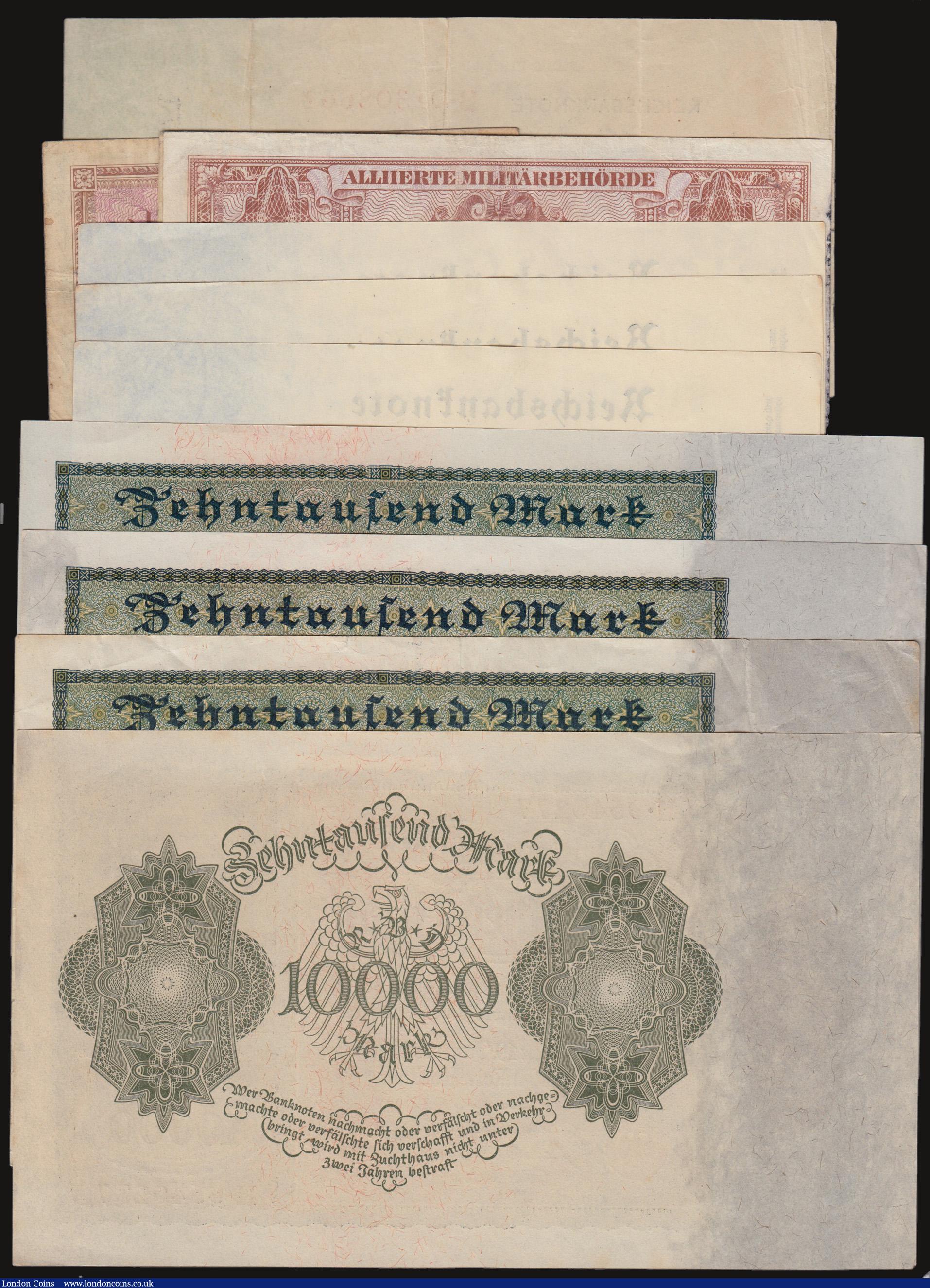London Coins : A172 : Lot 102 : Germany 10000 Marks 1922 Pick 70 (3) NVF, NEF and EF, 1922 Pick 71 EF, 500 Marks 1923 with green 7-d...