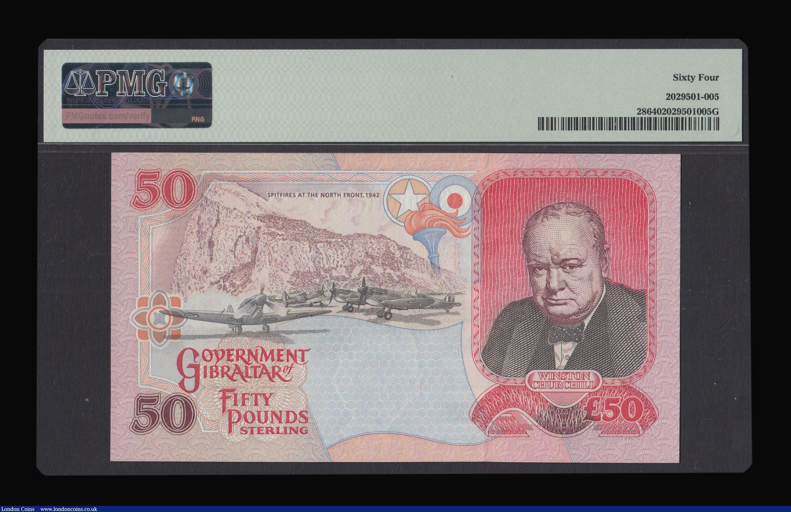 London Coins : A172 : Lot 104 : Gibraltar £50 1st July 1995, Reverse with Churchill portrait, First prefix AA050655, Pick 28a ...