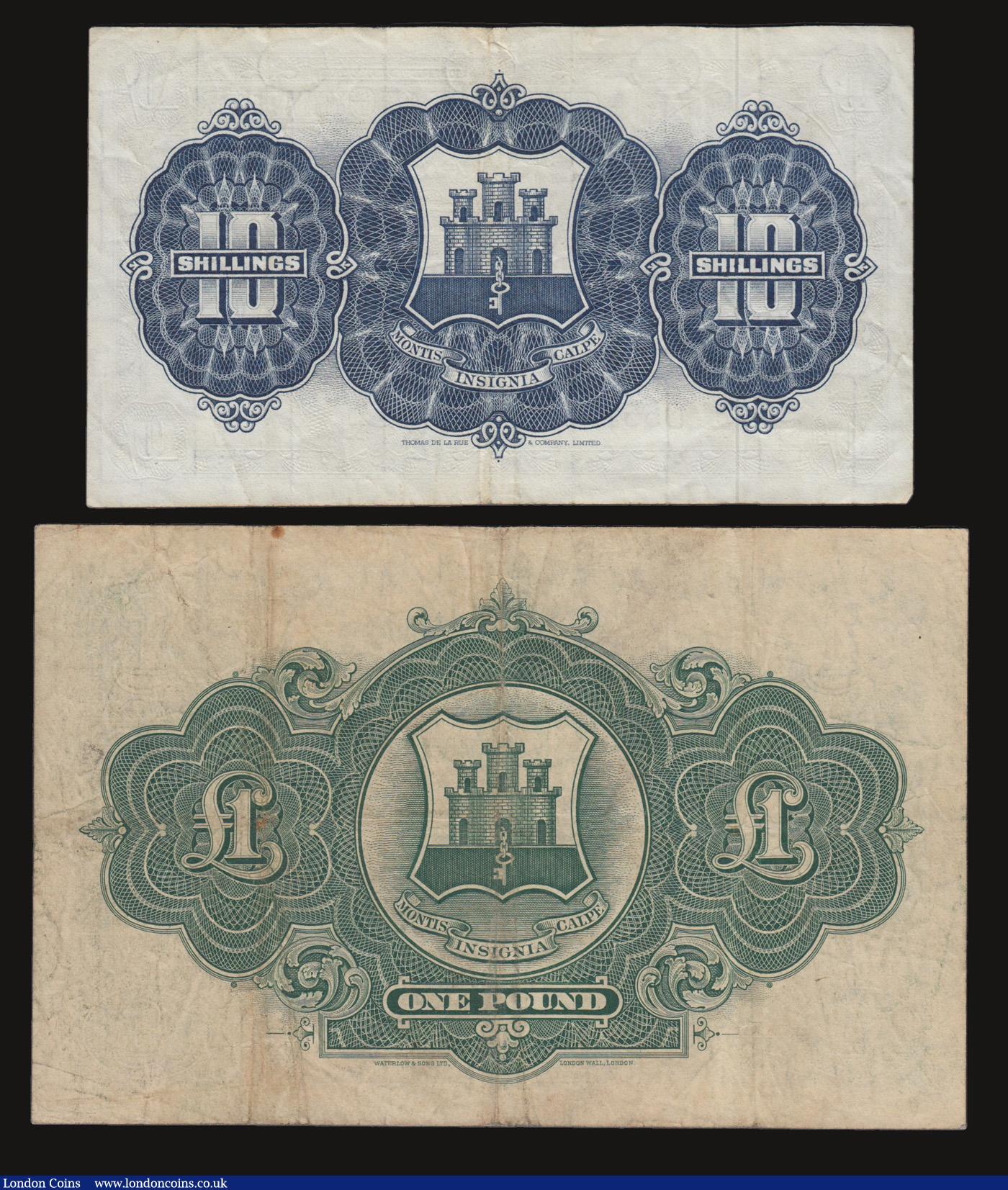 London Coins : A172 : Lot 105 : Gibraltar One Pound 1.6.1938 Fine or better Pick 15a and Ten Shillings 1.5.1965 VF Pick 17 with two ...