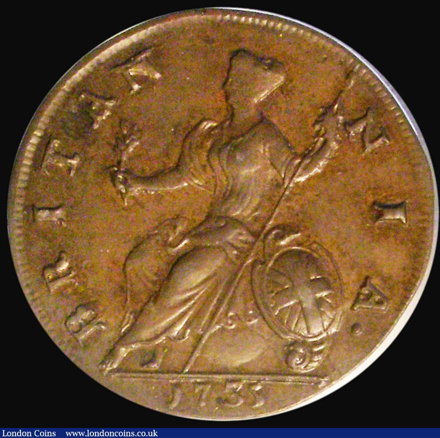 London Coins : A172 : Lot 1057 : Halfpenny 1735 Peck 849 A/UNC toned, in an LCGS holder and graded LCGS 70, the only example and ther...